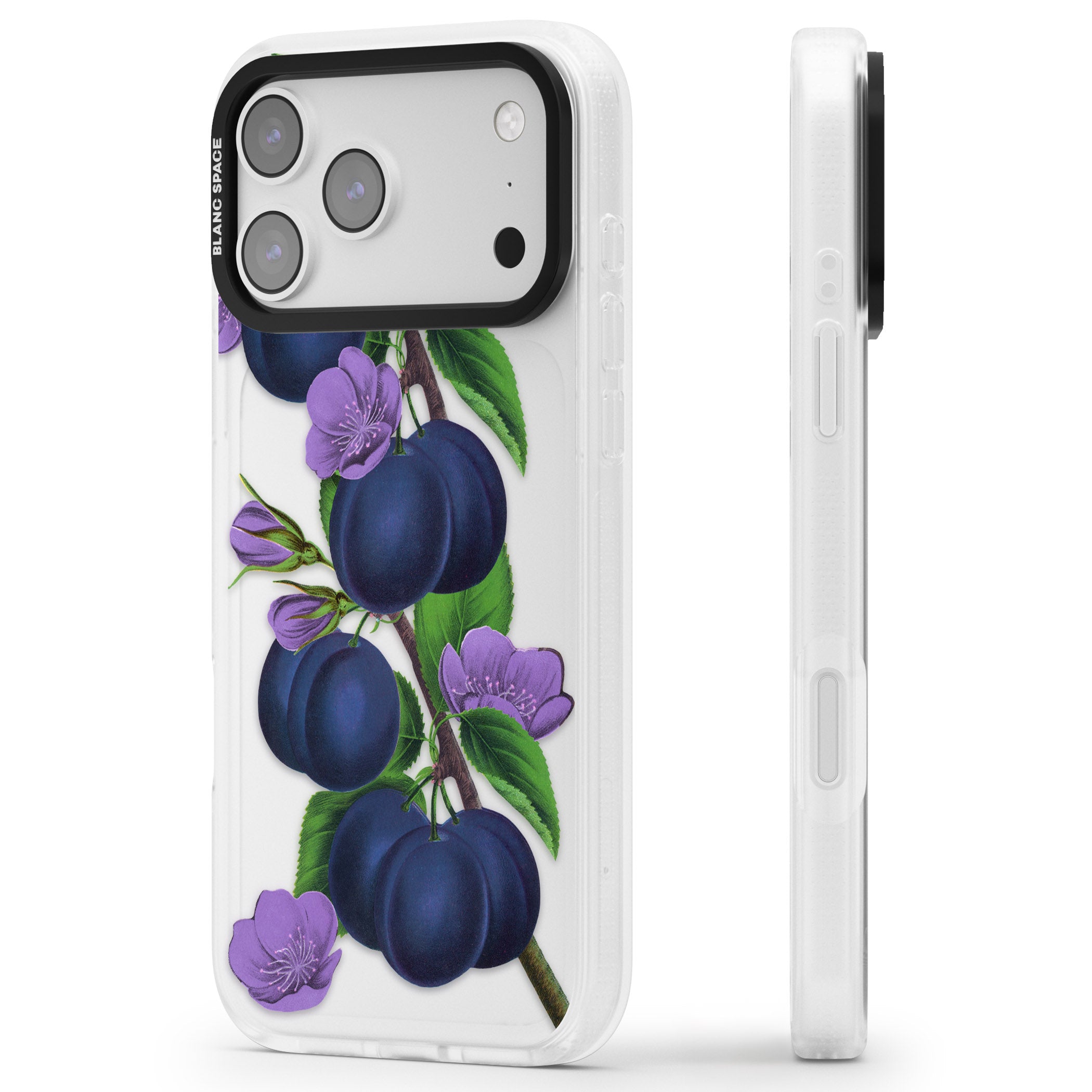 Vintage Painted Plums iPhone 17 Pro Impact Air Clear Phone Case Side Profile
