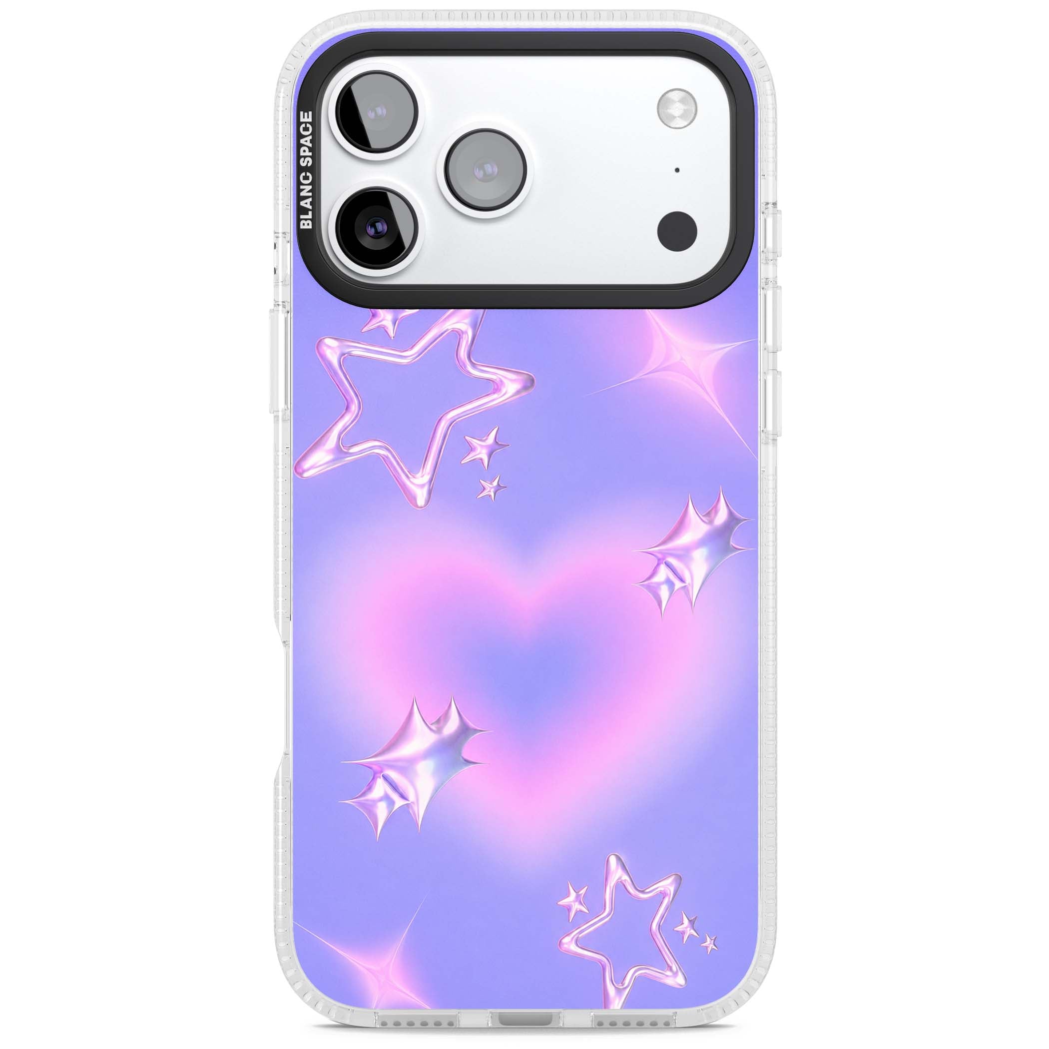 Soft Sugar Y2K iPhone case featuring iridescent chrome hearts, metallic pink stars and a lavender gradient sky | Clear Case Impact Air case for iPhone 17 Pro, iPhone 17 Pro Max