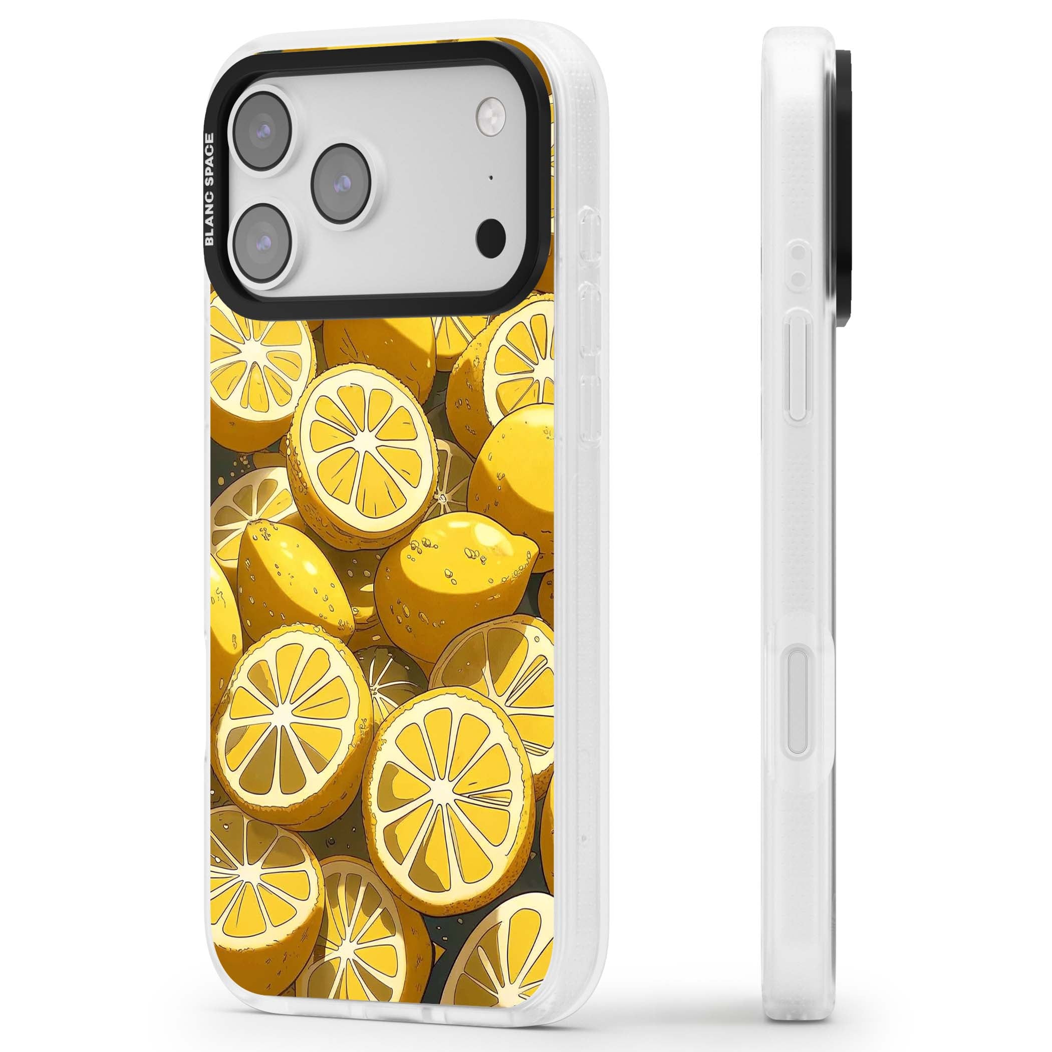 Zesty coastal iPhone case featuring illustrated Mediterranean lemons and citrus slices in golden yellow | Clear Case Impact Air case for iPhone 17 Pro, iPhone 17 Pro Max
