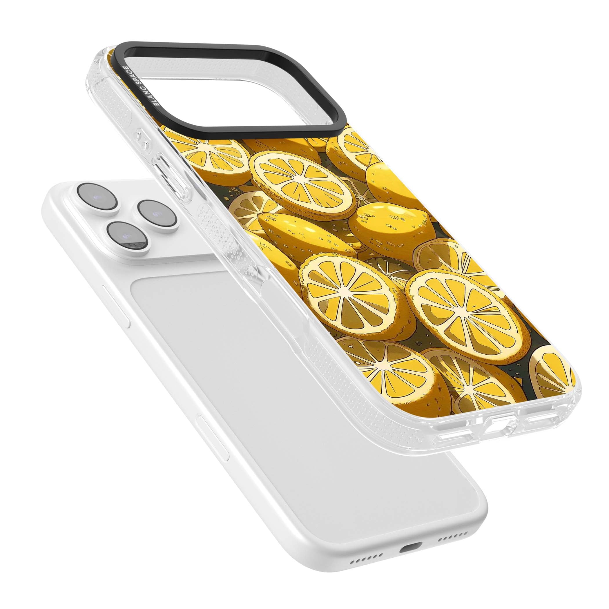 Zesty coastal iPhone case featuring illustrated Mediterranean lemons and citrus slices in golden yellow | Clear Case Impact Air case for iPhone 17 Pro, iPhone 17 Pro Max