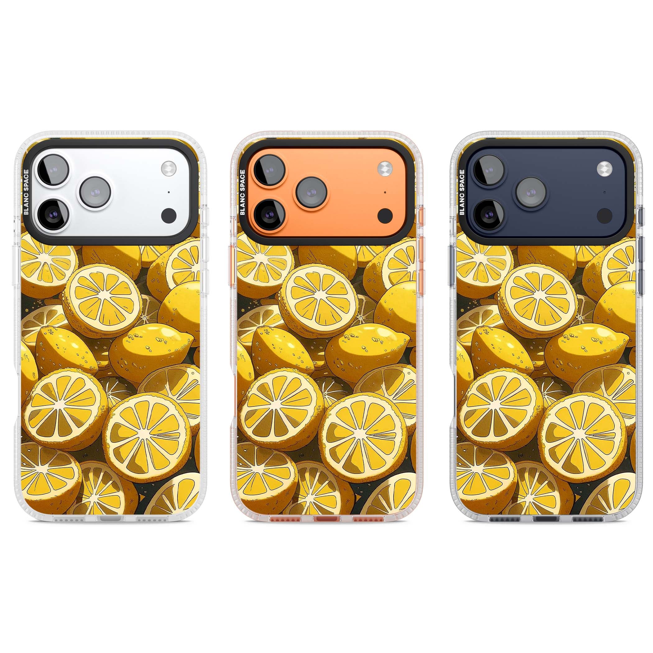 Zesty coastal iPhone case featuring illustrated Mediterranean lemons and citrus slices in golden yellow | Clear Case Impact Air case for iPhone 17 Pro, iPhone 17 Pro Max