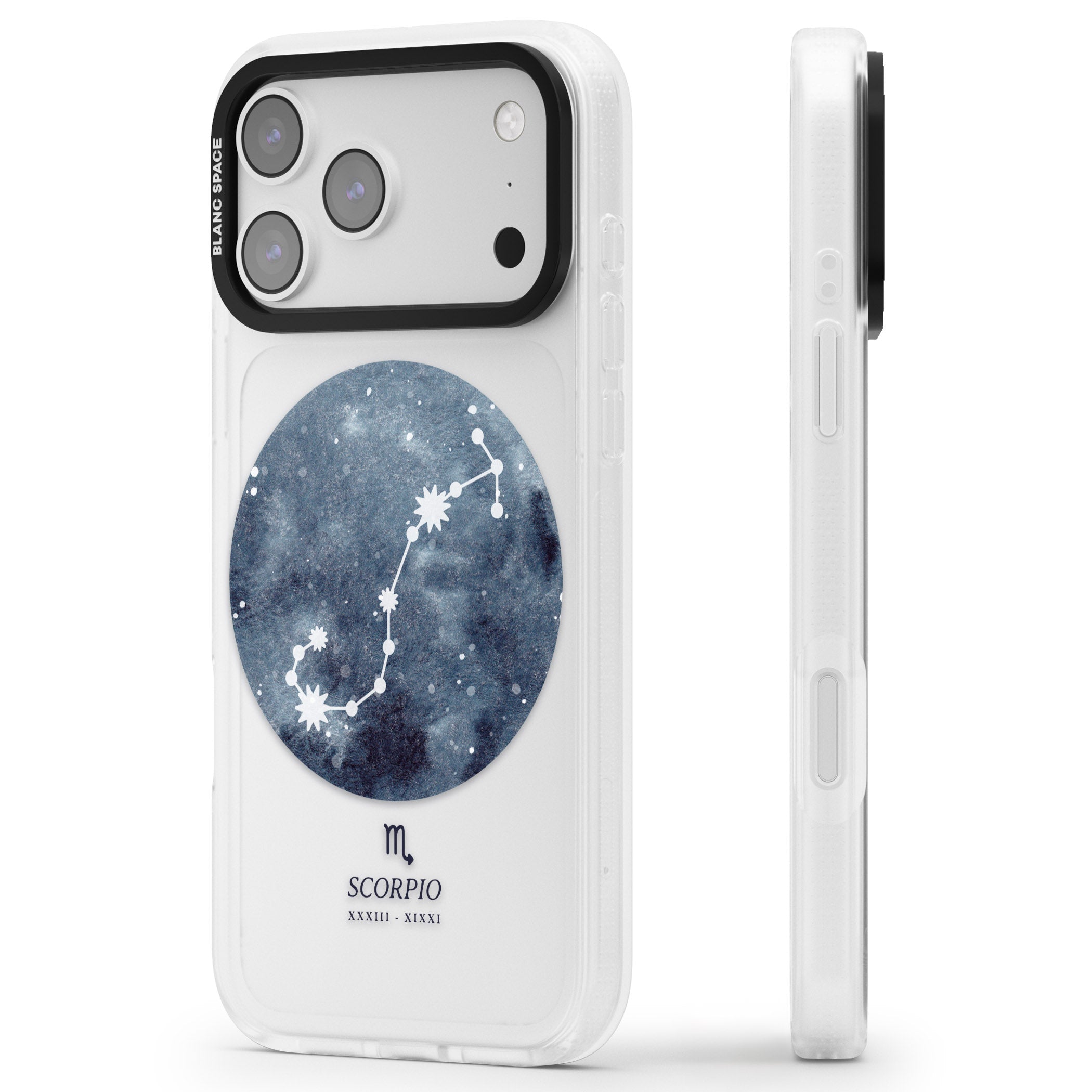 Scorpio Zodiac Blue iPhone 17 Pro Impact Air Clear Phone Case Side Profile
