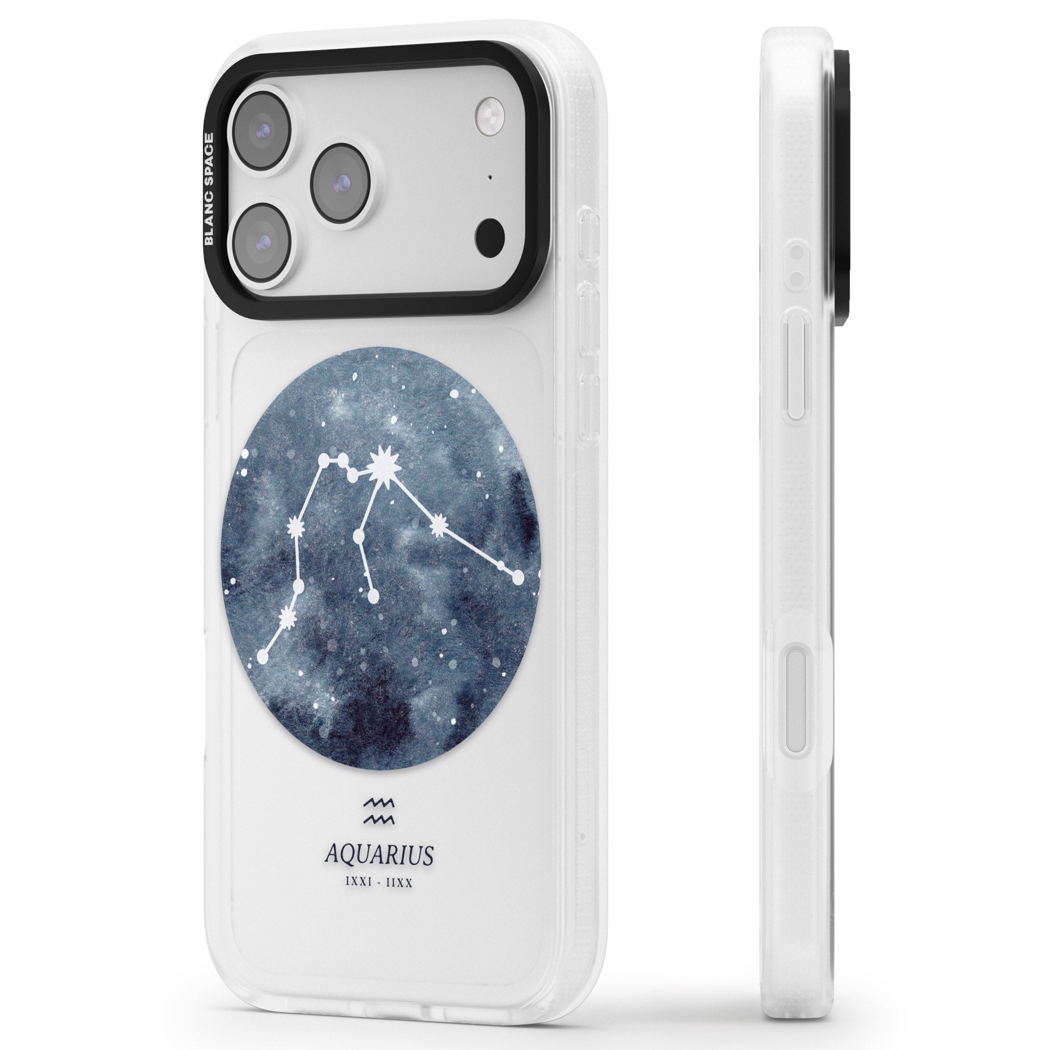 Aquarius Zodiac Blue iPhone 17 Pro Max Impact Air Clear Phone Case Side Profile