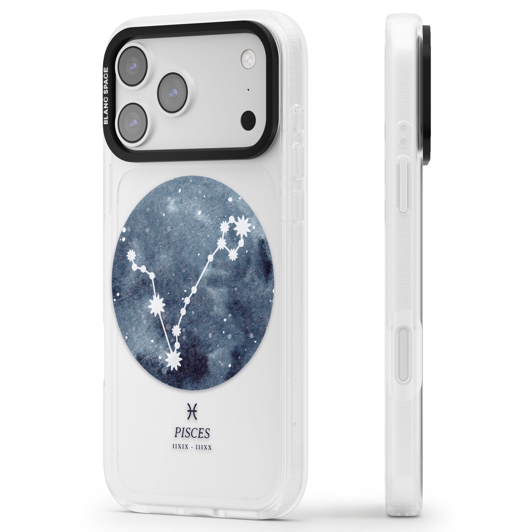 Pisces Zodiac Constellation iPhone 17 Pro Impact Air Clear Phone Case Side Profile