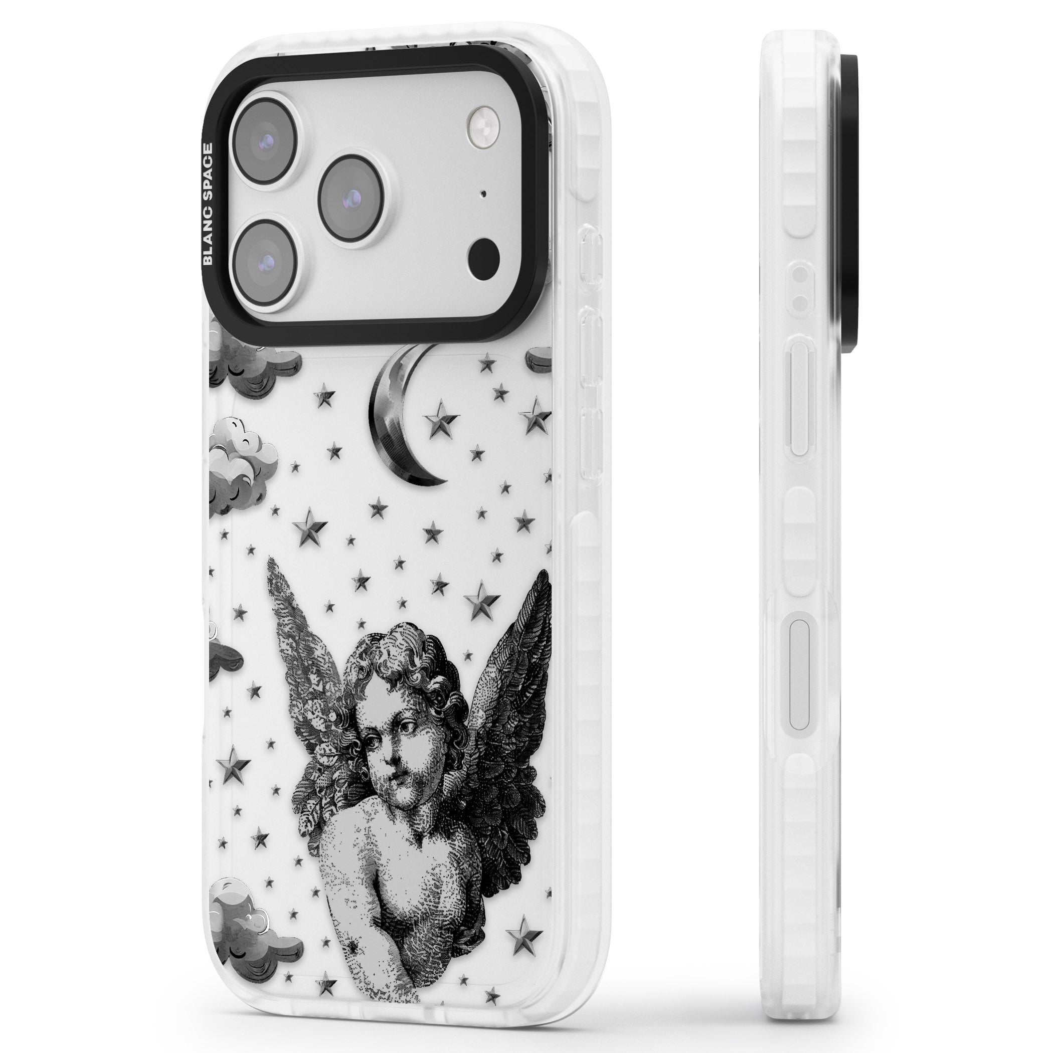 Celestial Cherub iPhone 17 Pro Impact Clear Phone Case Side Profile