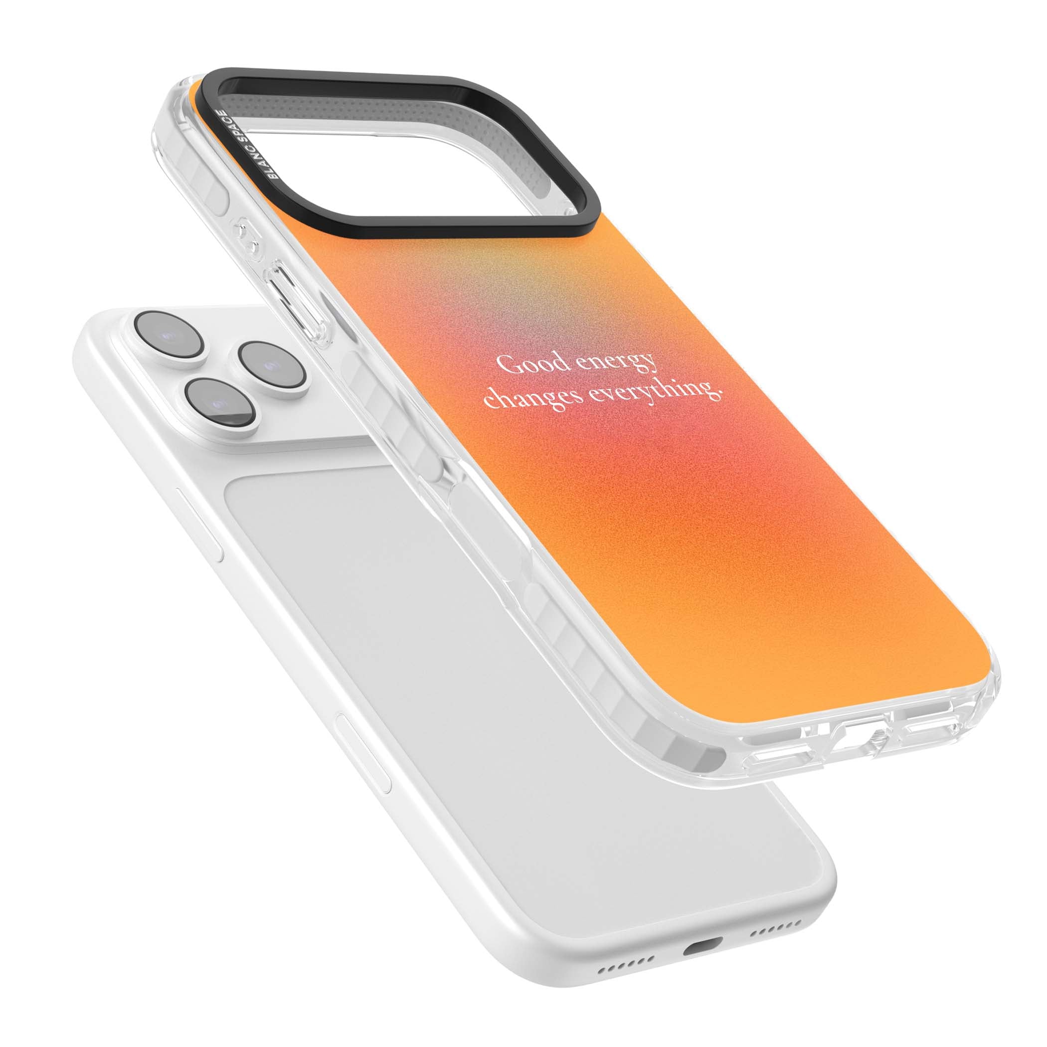 Good Energy quote iPhone case featuring an orange and pink aura gradient with white serif affirmation text | Black Impact case for iPhone 17 Pro, iPhone 17 Pro Max