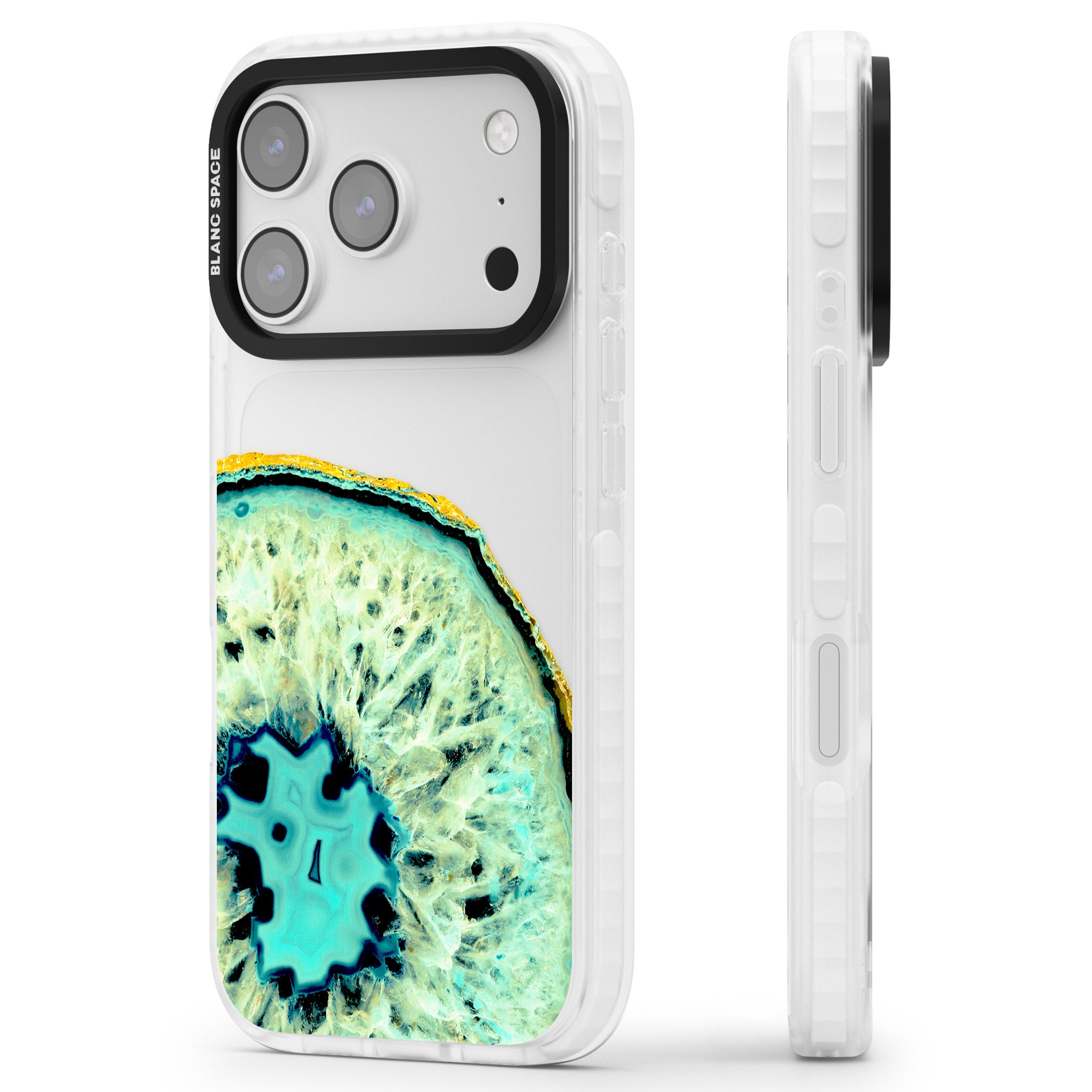 Turquoise Geode Crystal iPhone 17 Pro Impact Clear Phone Case Side Profile