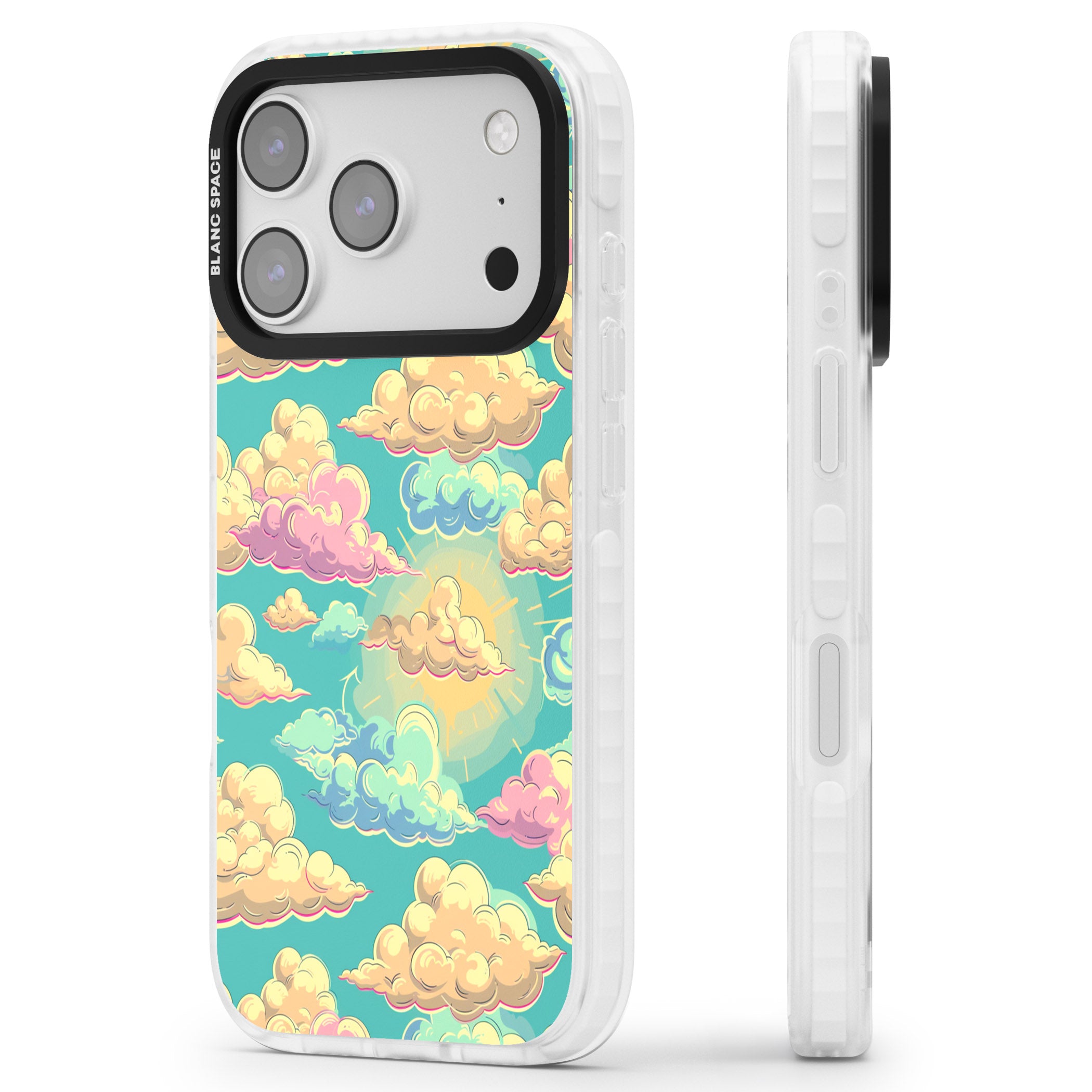 Pastel Clouds iPhone 17 Pro Impact Clear Phone Case Side Profile
