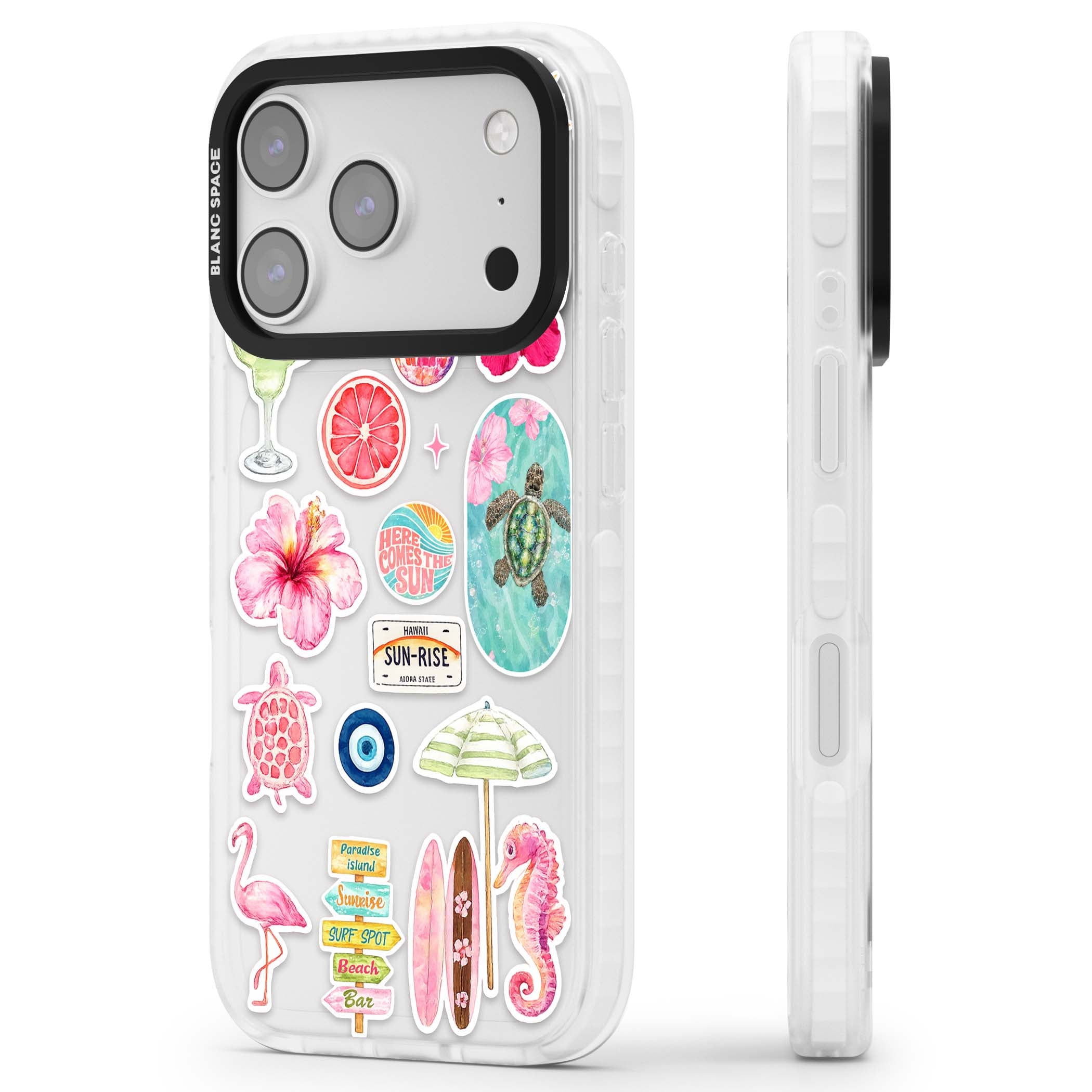 Aloha Sticker Mix tropical summer iPhone case featuring pink hibiscus, sea turtles, flamingo and beach umbrella stickers | Black Impact case for iPhone 17 Pro, iPhone 17 Pro Max