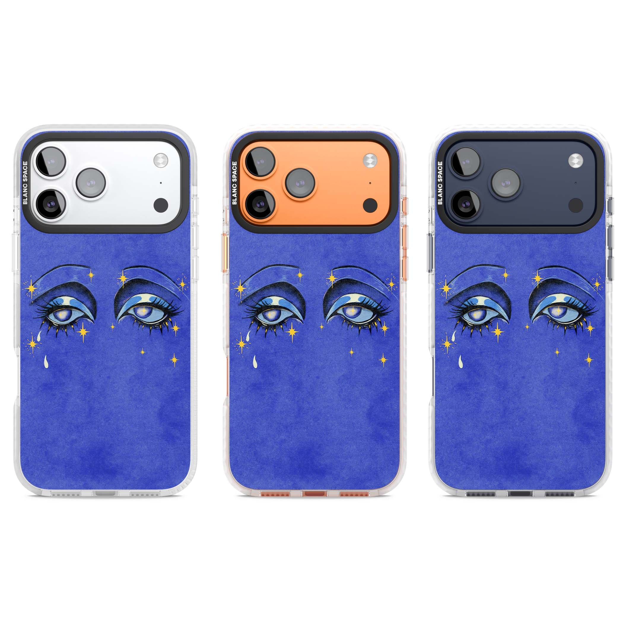 Blue Mystic Eyes celestial iPhone case featuring hand drawn blue mystical eyes, golden stars and a painted tear on indigo | Black Impact case for iPhone 17 Pro, iPhone 17 Pro Max