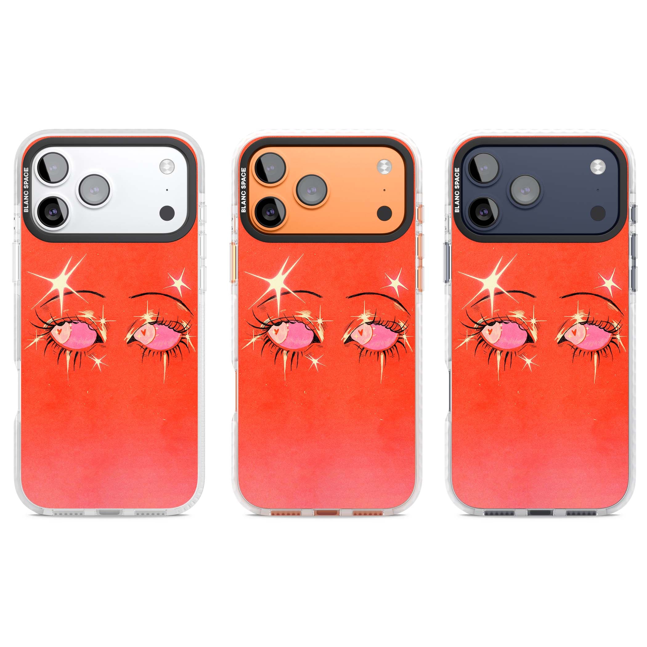 Pink Ethereal Eyes anime iPhone case featuring hand-drawn sparkly eyes with pink hearts and gold stars on red | Black Impact case for iPhone 17 Pro, iPhone 17 Pro Max