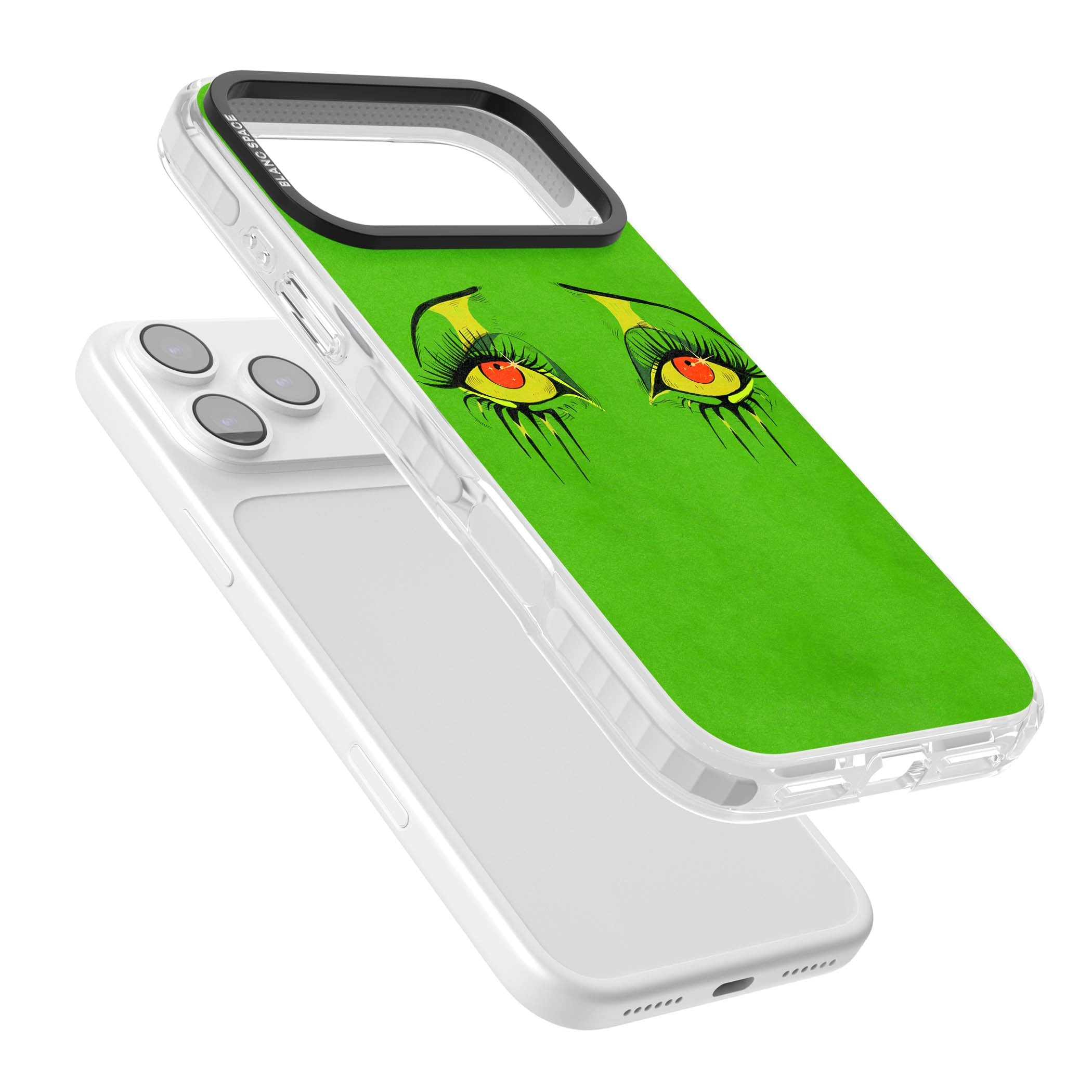 Green Enchanted Eyes psychedelic art iPhone case featuring hand-drawn dripping eyes on neon green background | Black Impact case for iPhone 17 Pro, iPhone 17 Pro Max