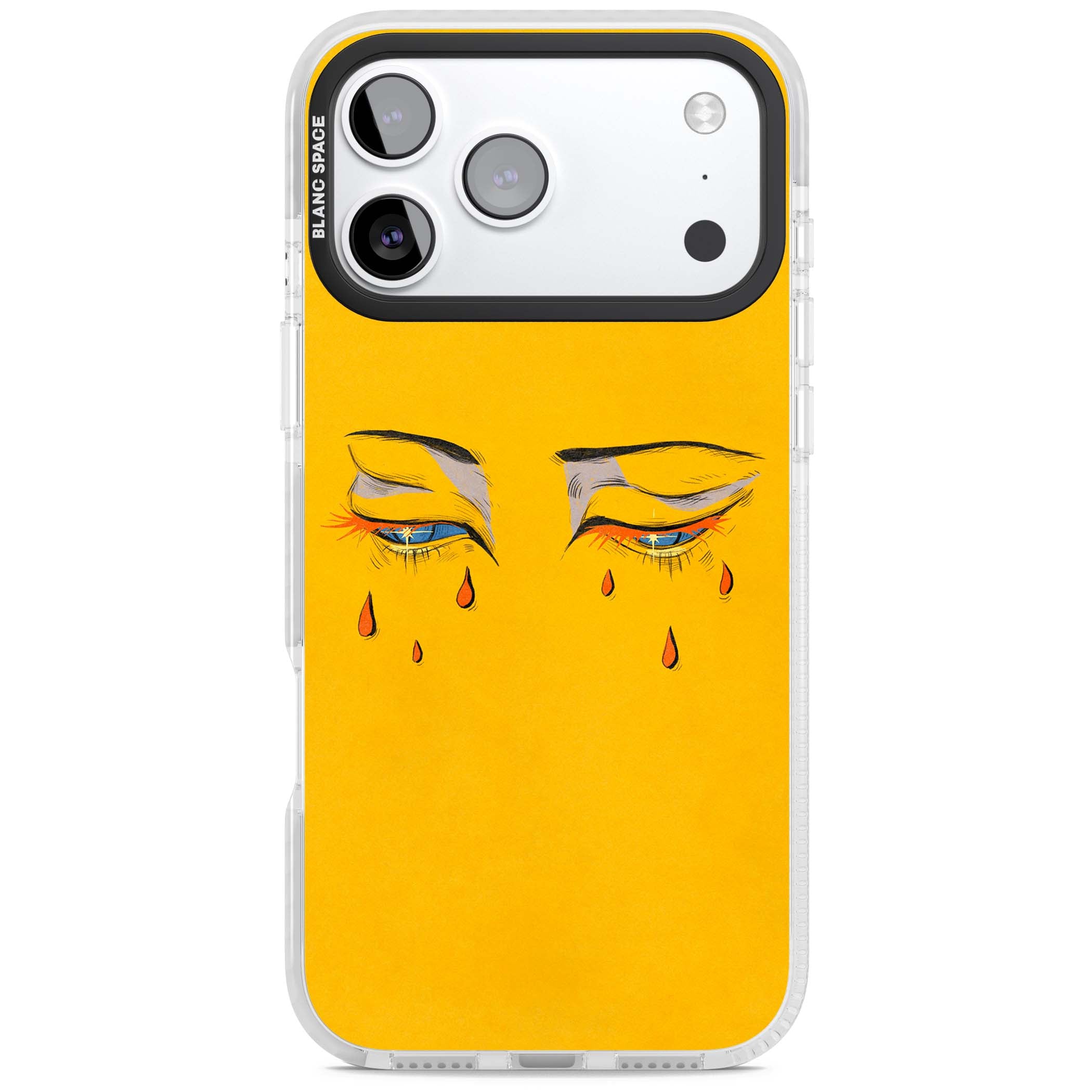 Yellow Tearful Eyes indie iPhone case featuring hand-drawn crying eyes with orange tears on a yellow background | Black Impact case for iPhone 17 Pro, iPhone 17 Pro Max