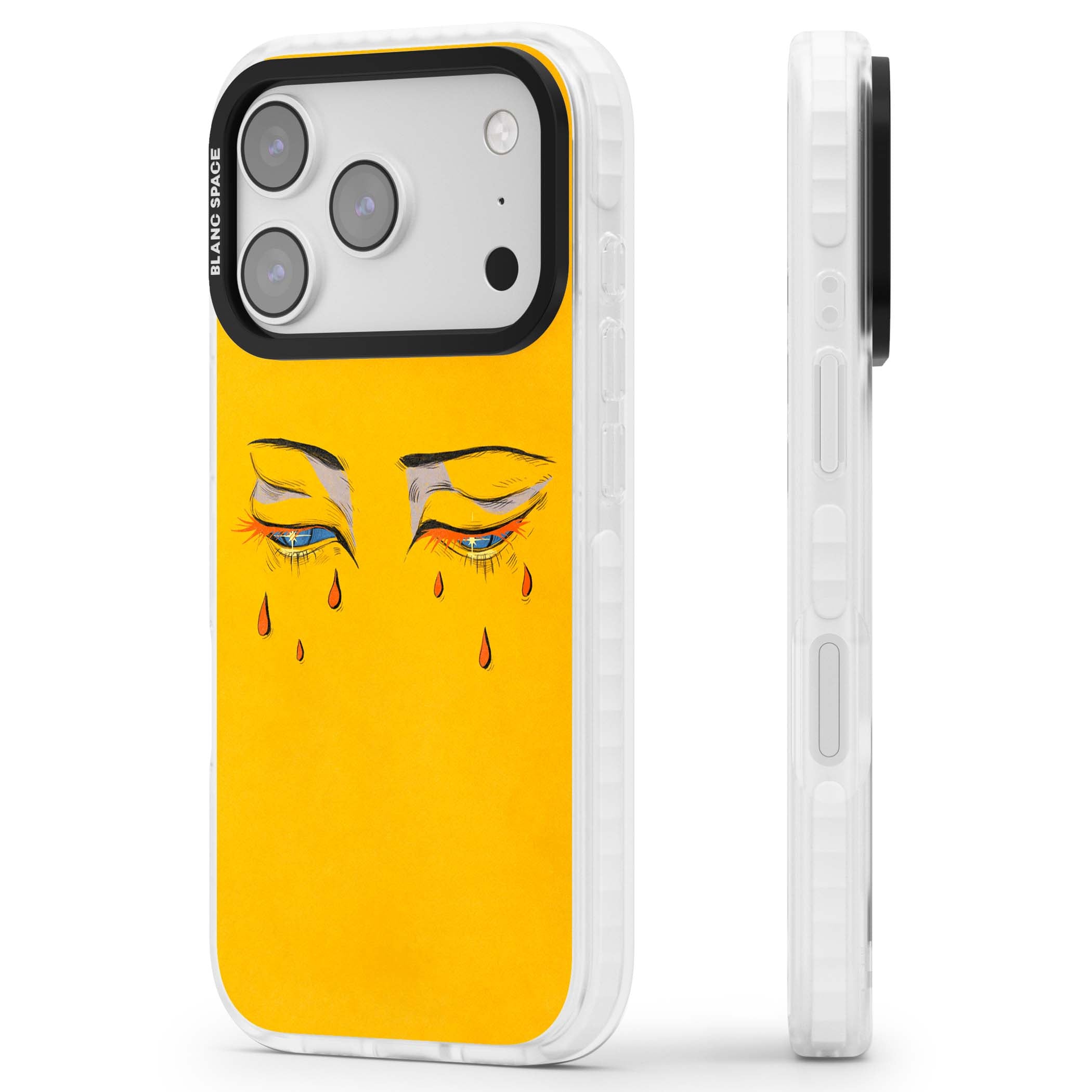Yellow Tearful Eyes indie iPhone case featuring hand-drawn crying eyes with orange tears on a yellow background | Black Impact case for iPhone 17 Pro, iPhone 17 Pro Max