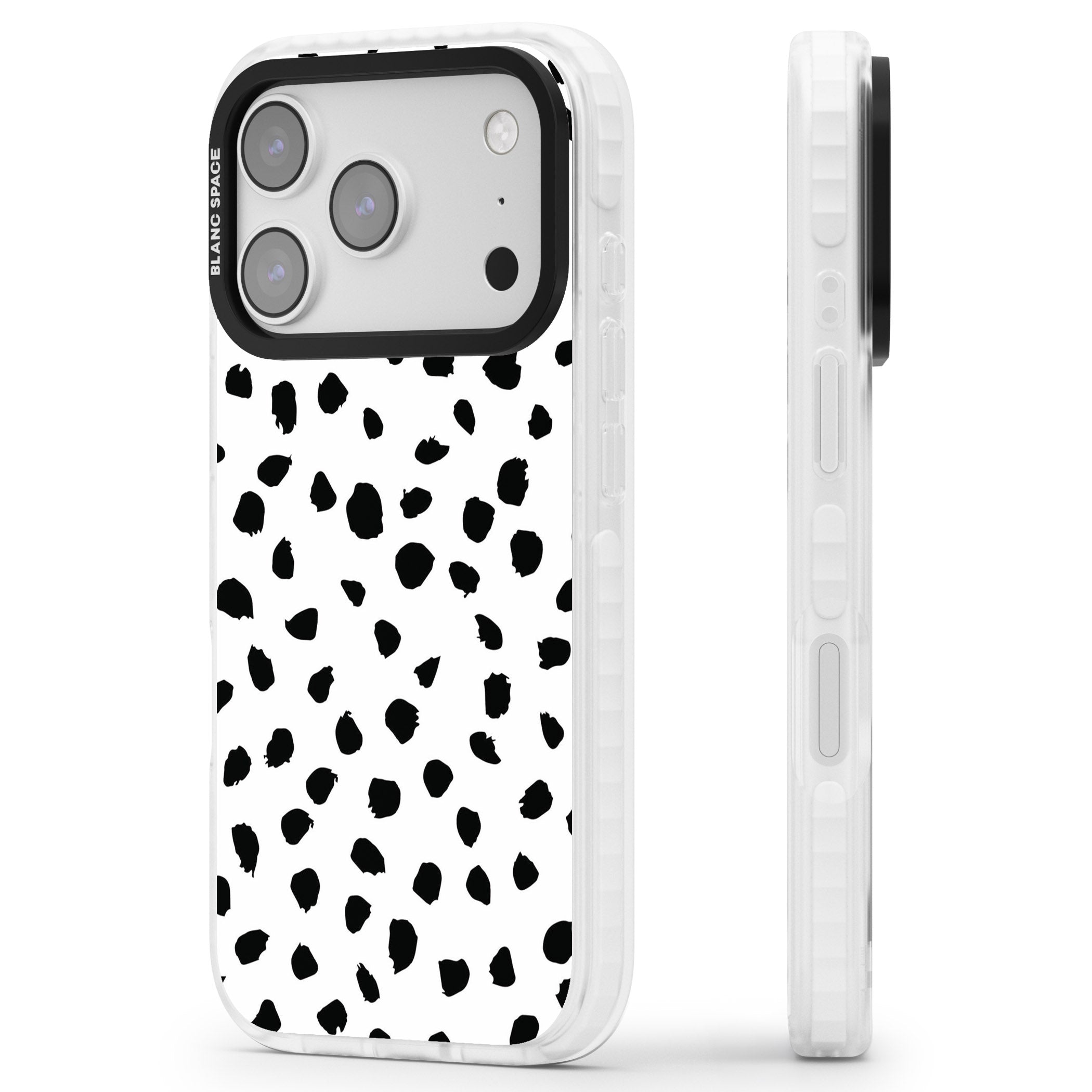 White Dalmatian Print iPhone 17 Pro Impact Clear Phone Case Side Profile