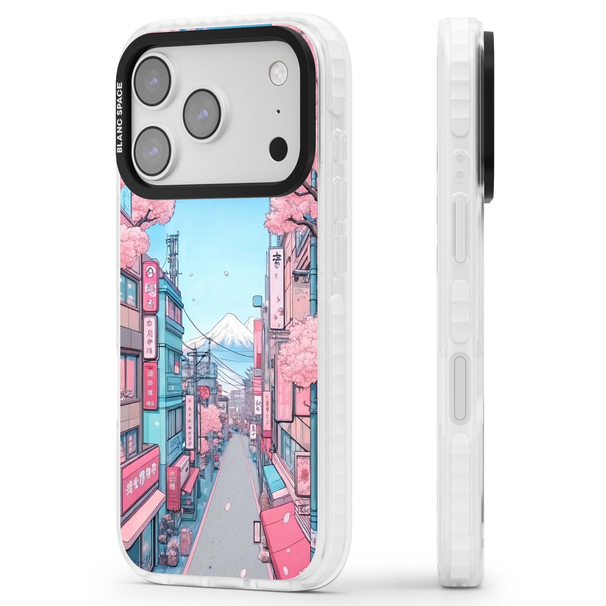 Sakura Lane anime iPhone case featuring Tokyo street scene with cherry blossoms and Mount Fuji | Black Impact case for iPhone 17 Pro, iPhone 17 Pro Max