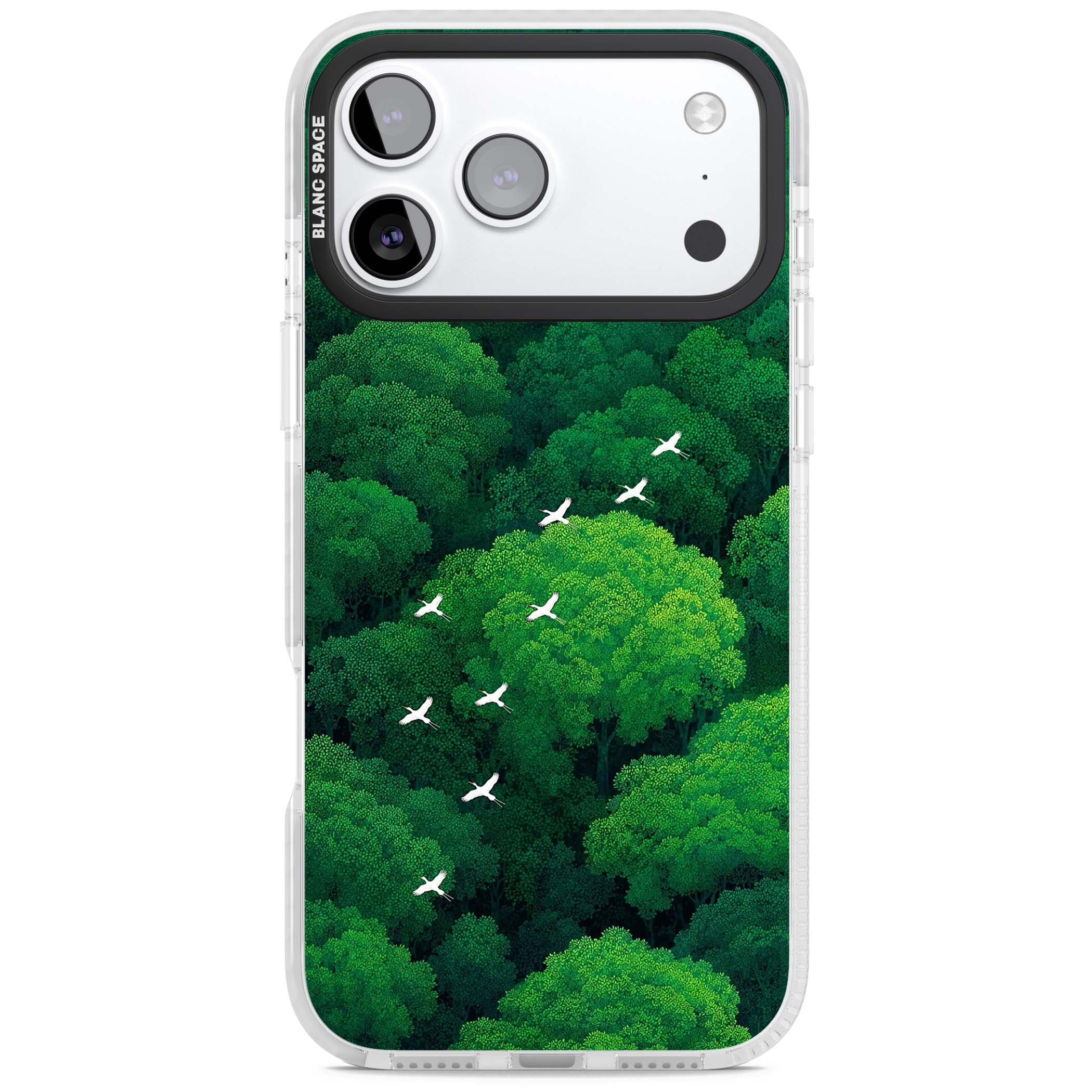 Grove Migration forest iPhone case featuring white cranes flying over lush green treetop canopy | Black Impact case for iPhone 17 Pro, iPhone 17 Pro Max