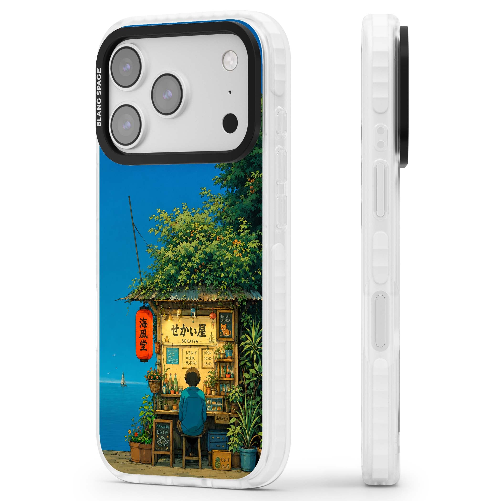 The Shirahama Kiosk anime iPhone case featuring a Japanese seaside shop, red paper lantern and ocean view | Black Impact case for iPhone 17 Pro, iPhone 17 Pro Max