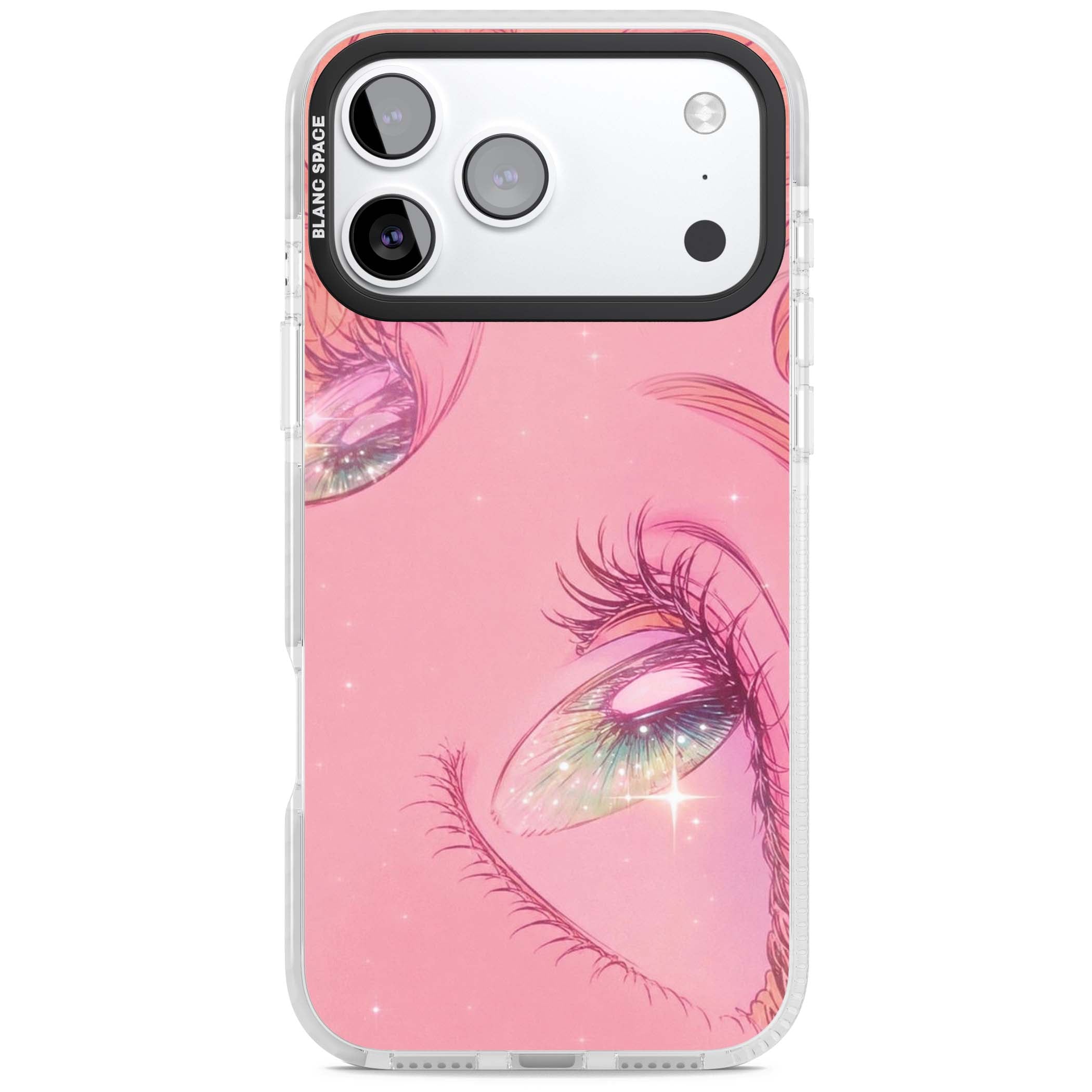 Pink Ethereal Gaze anime iPhone case featuring sparkling manga eyes, coral lashes and dreamy peach sky | Black Impact case for iPhone 17 Pro, iPhone 17 Pro Max