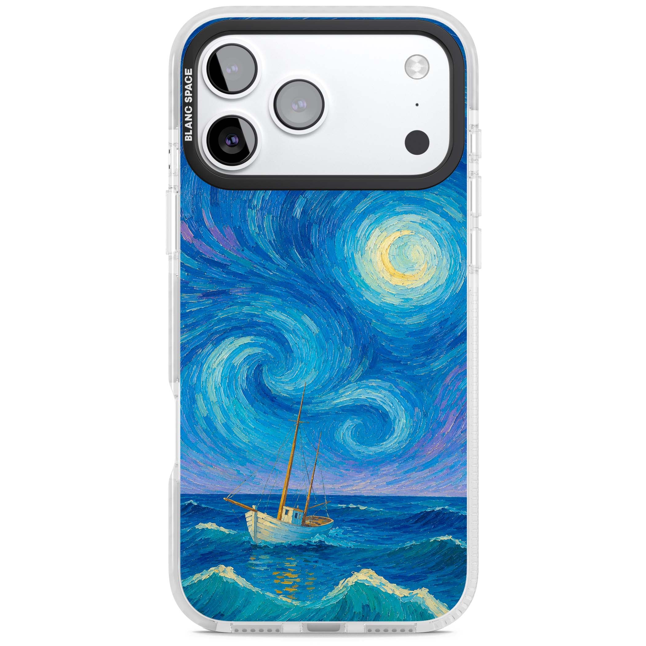 Moonlit Tide Van Gogh art iPhone case featuring swirling starry night sky, glowing moon and lone sailing boat at sea | Black Impact case for iPhone 17 Pro, iPhone 17 Pro Max