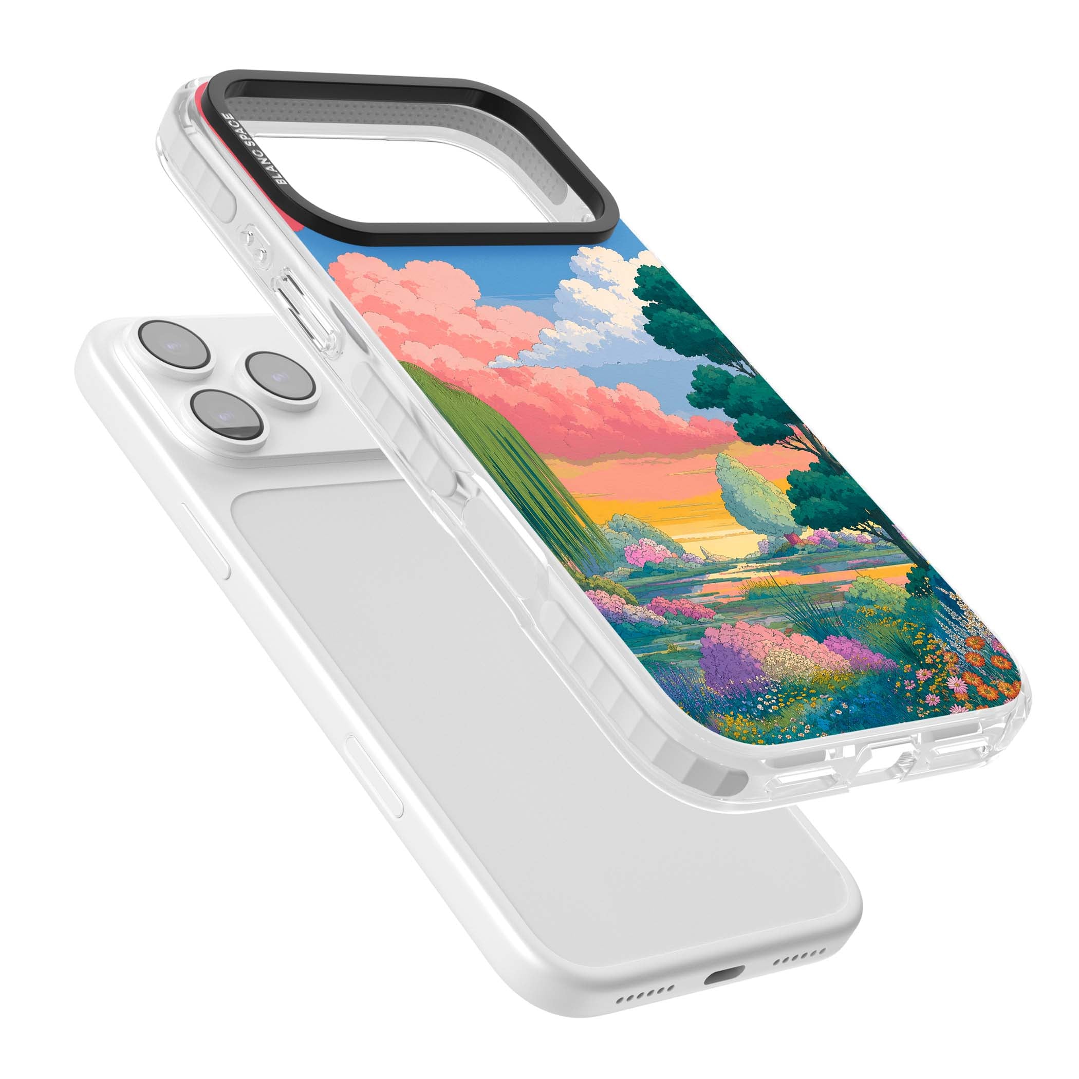 Dream Valley anime landscape iPhone case featuring pink sunset clouds, willow trees and wildflowers | Black Impact case for iPhone 17 Pro, iPhone 17 Pro Max