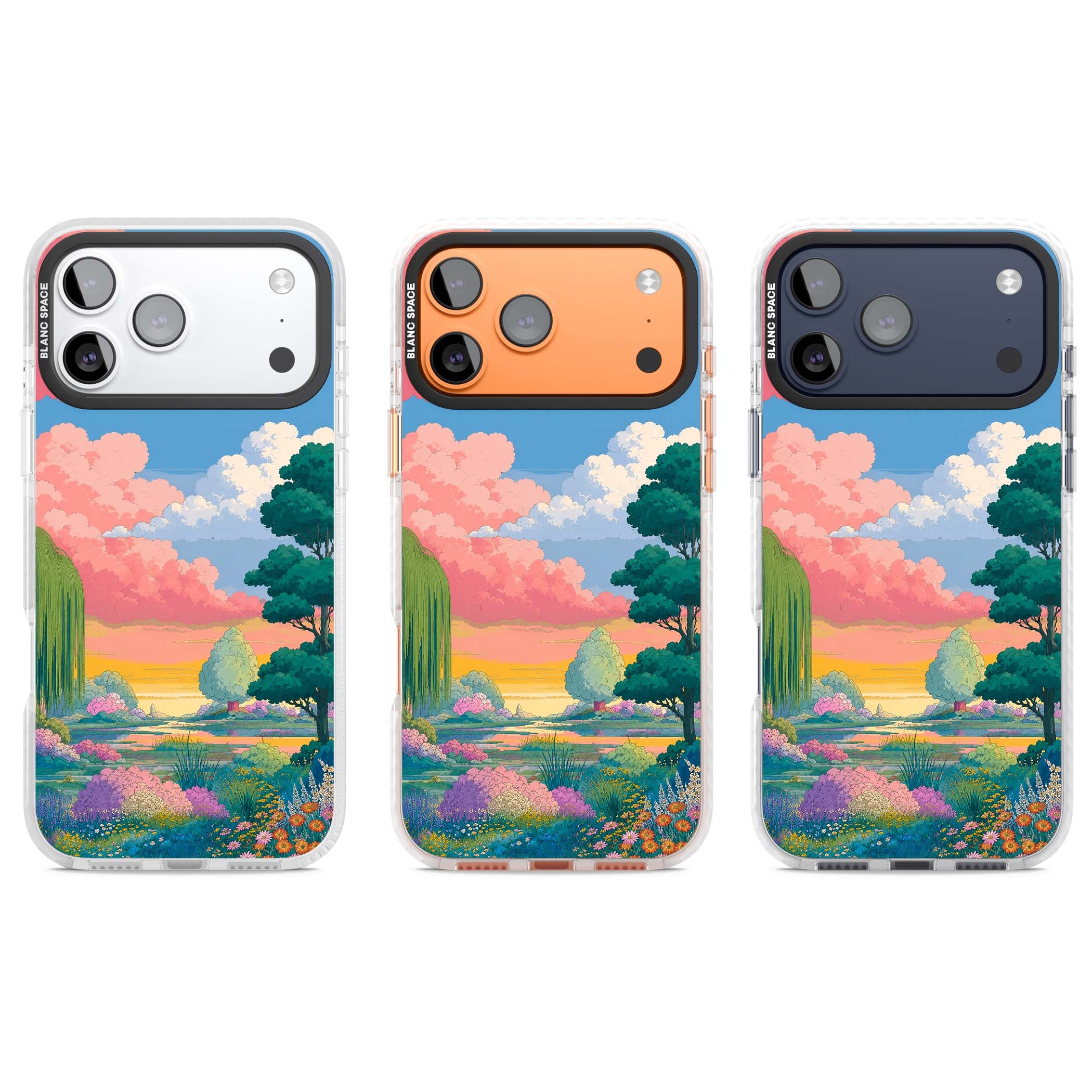 Dream Valley anime landscape iPhone case featuring pink sunset clouds, willow trees and wildflowers | Black Impact case for iPhone 17 Pro, iPhone 17 Pro Max