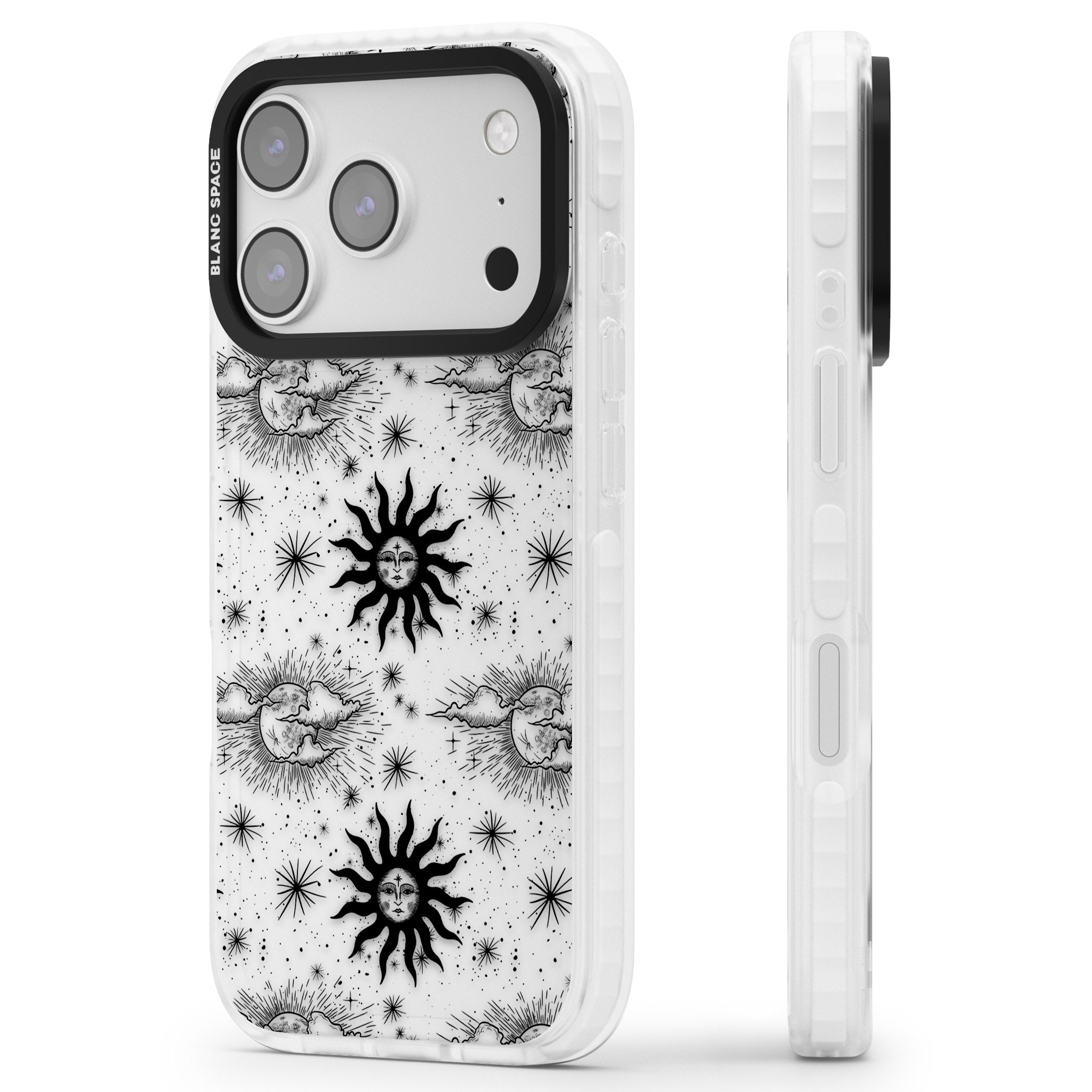 Vintage Sun & Moon iPhone 17 Pro Impact Clear Phone Case Side Profile