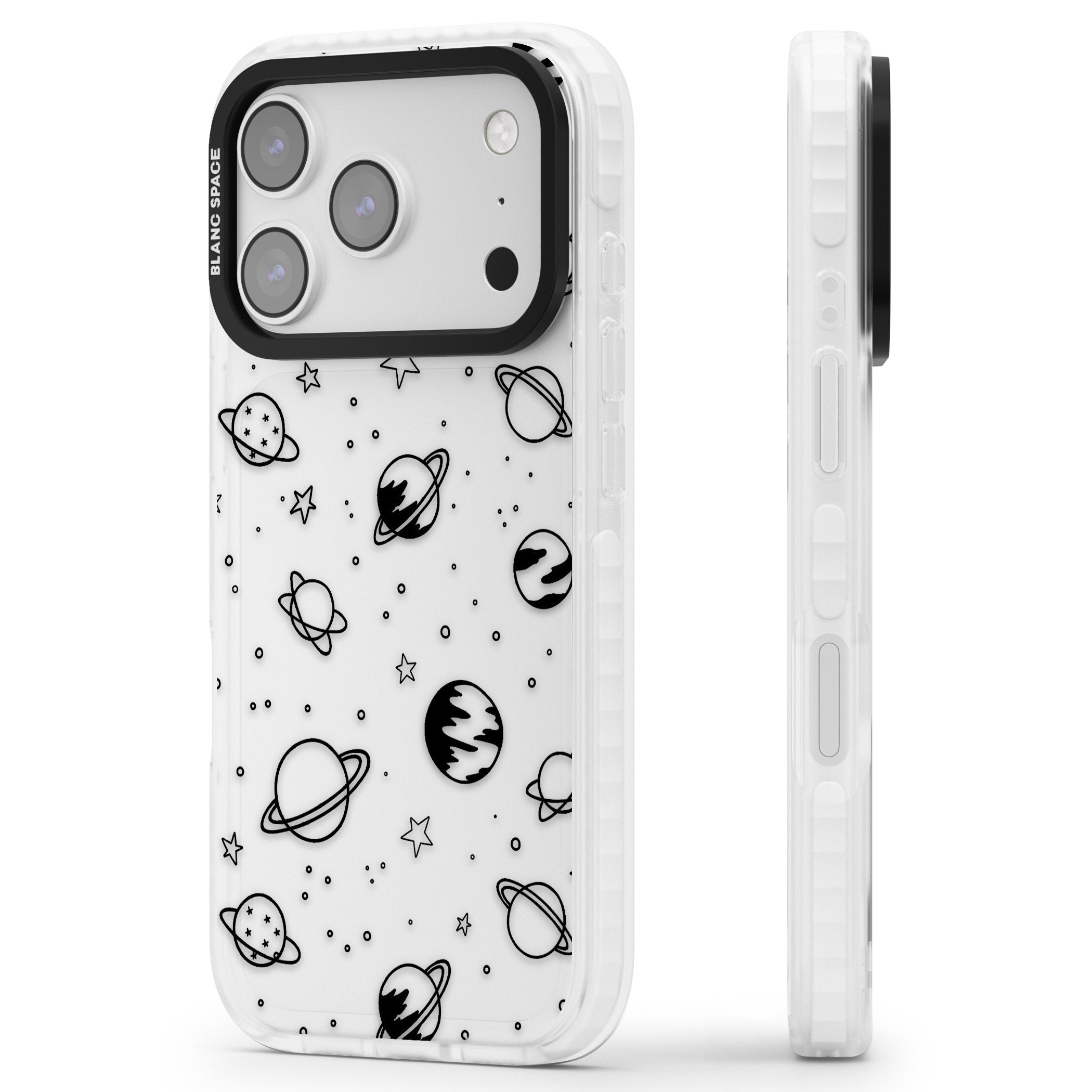 Cosmic Sketch Black Clear iPhone 17 Pro Max Impact Clear Phone Case Side Profile