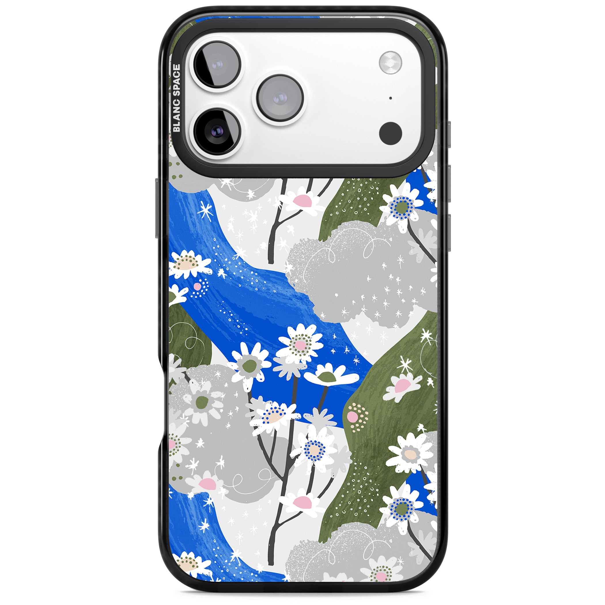 Blue & Grey Daisies Pattern iPhone 17 Pro Impact Black Phone Case