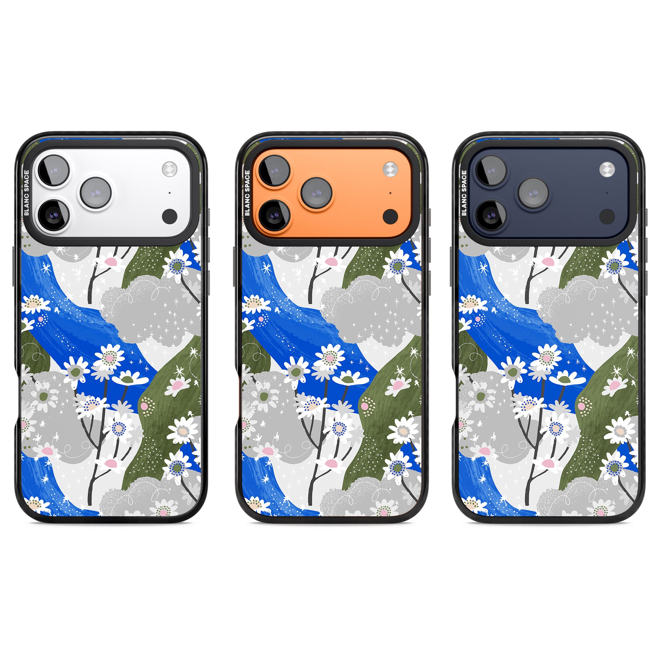 Blue & Grey Daisies Pattern iPhone 17 Pro Impact Black Phone Case APT Impact Protection