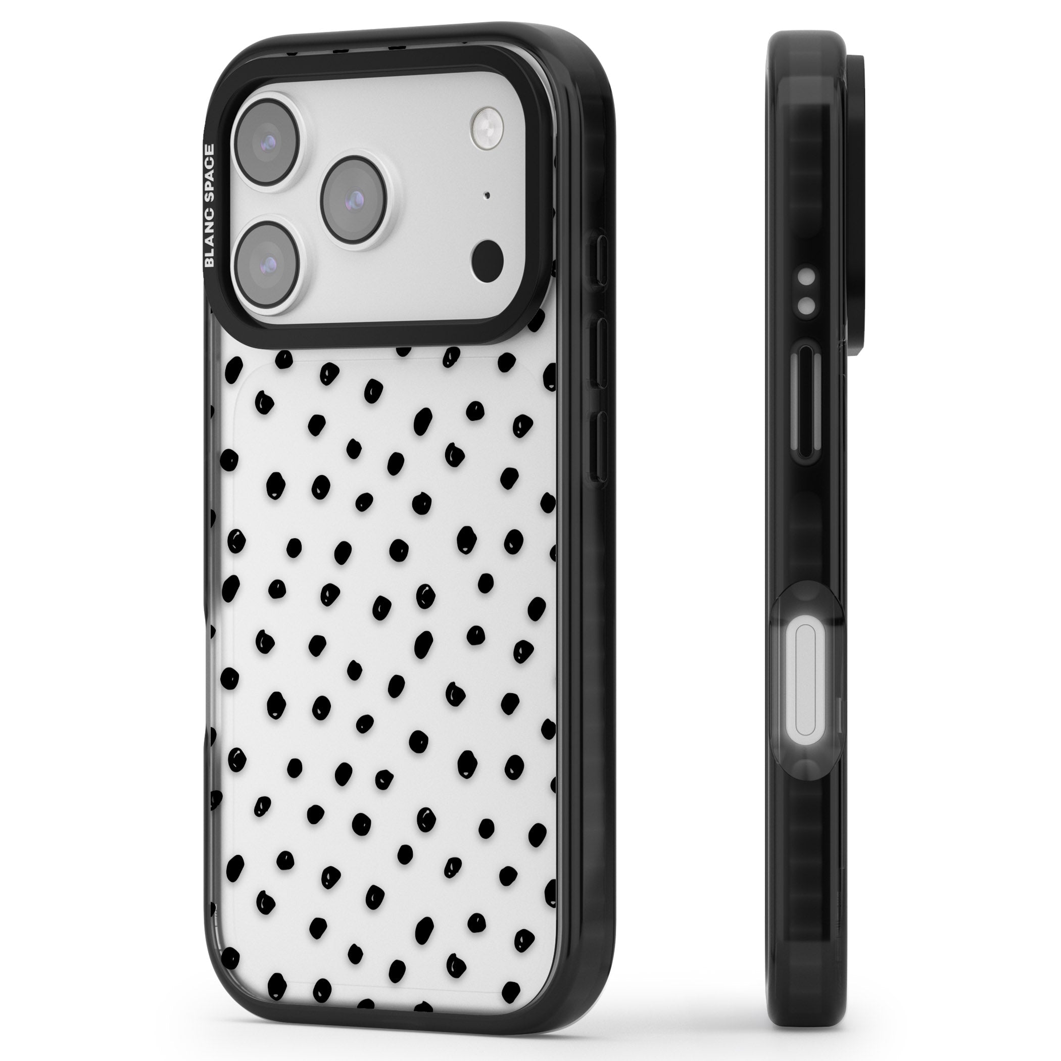 Messy Black Dot Pattern iPhone 17 Pro Impact Black Phone Case Side Profile