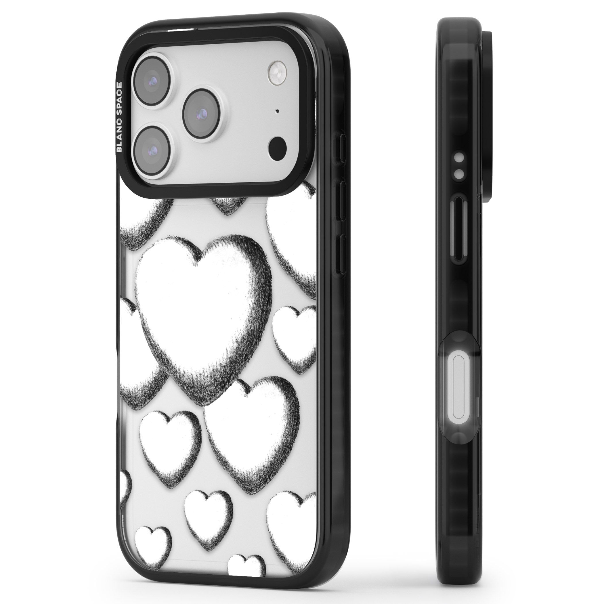 Hand Drawn Hearts iPhone 17 Pro Impact Black Phone Case Side Profile