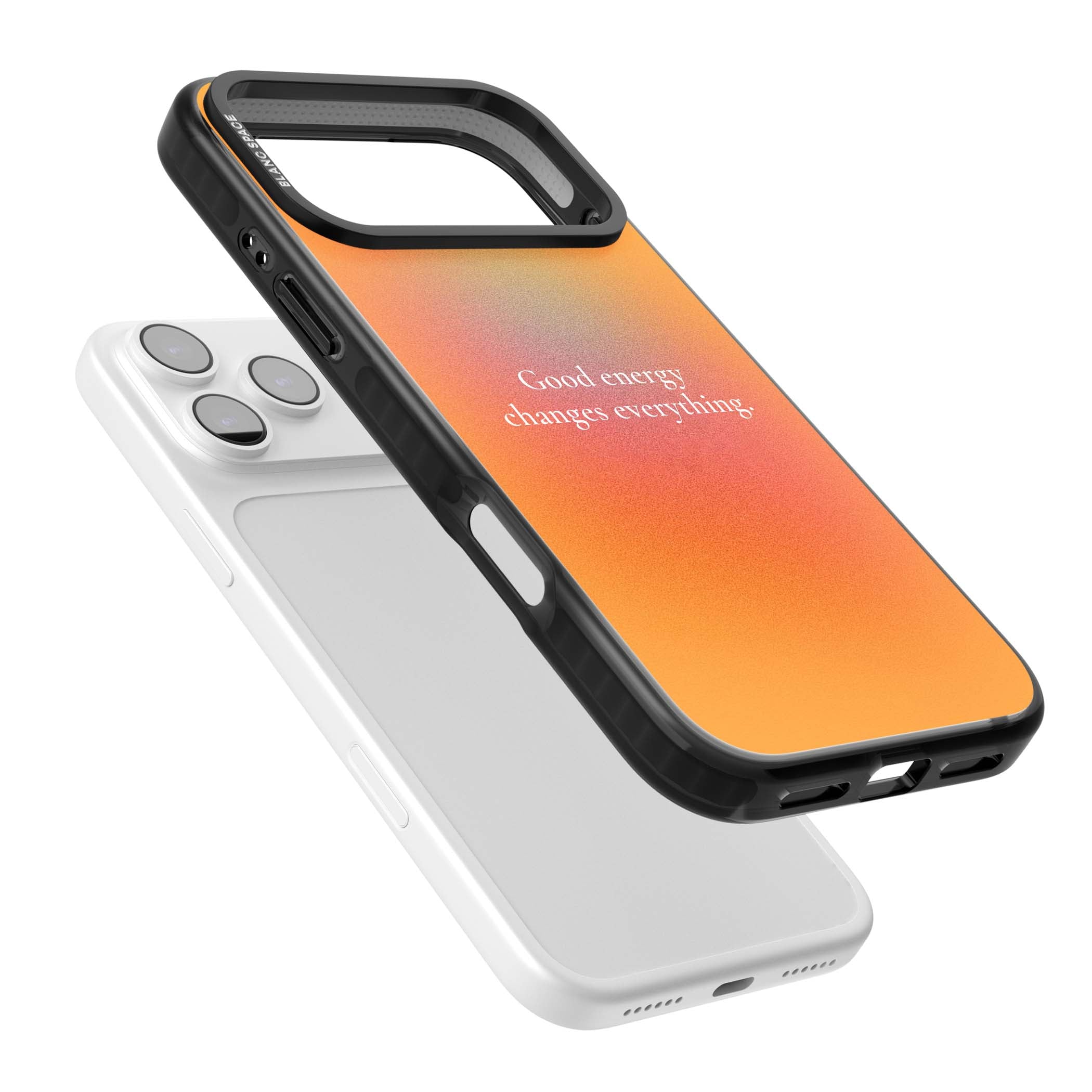 Good Energy quote iPhone case featuring an orange and pink aura gradient with white serif affirmation text | Clear Impact case for iPhone 17 Pro, iPhone 17 Pro Max