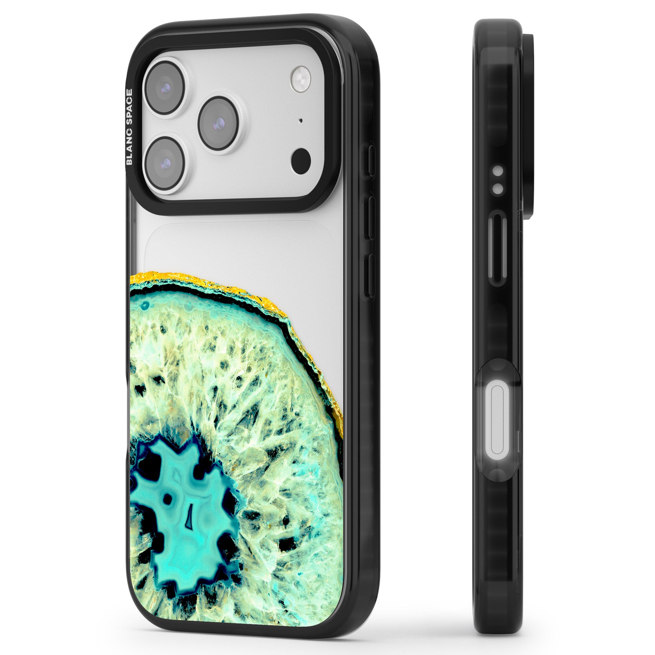 Turquoise Geode Crystal iPhone 17 Pro Max Impact Black Phone Case Side Profile