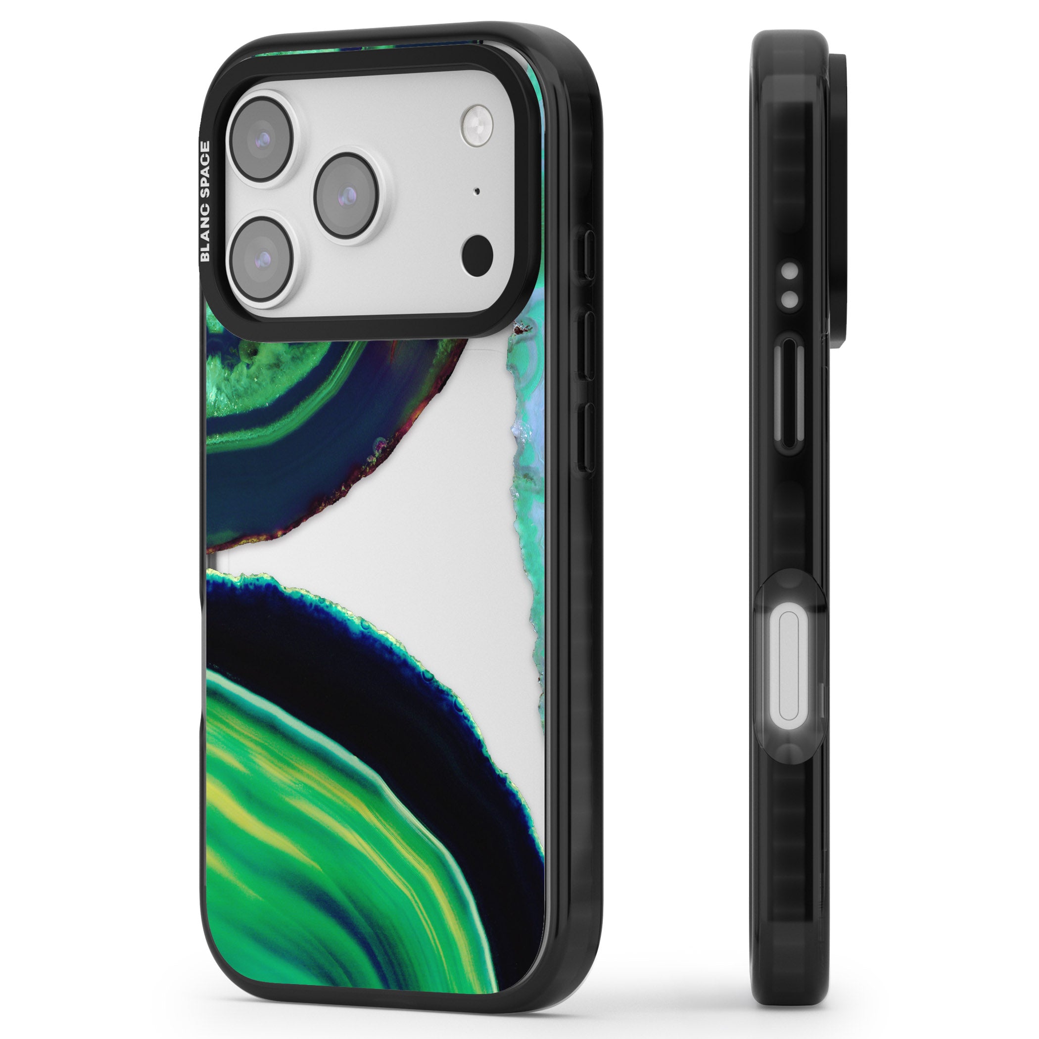Green Geode Glow iPhone 17 Pro Max Impact Black Phone Case Side Profile