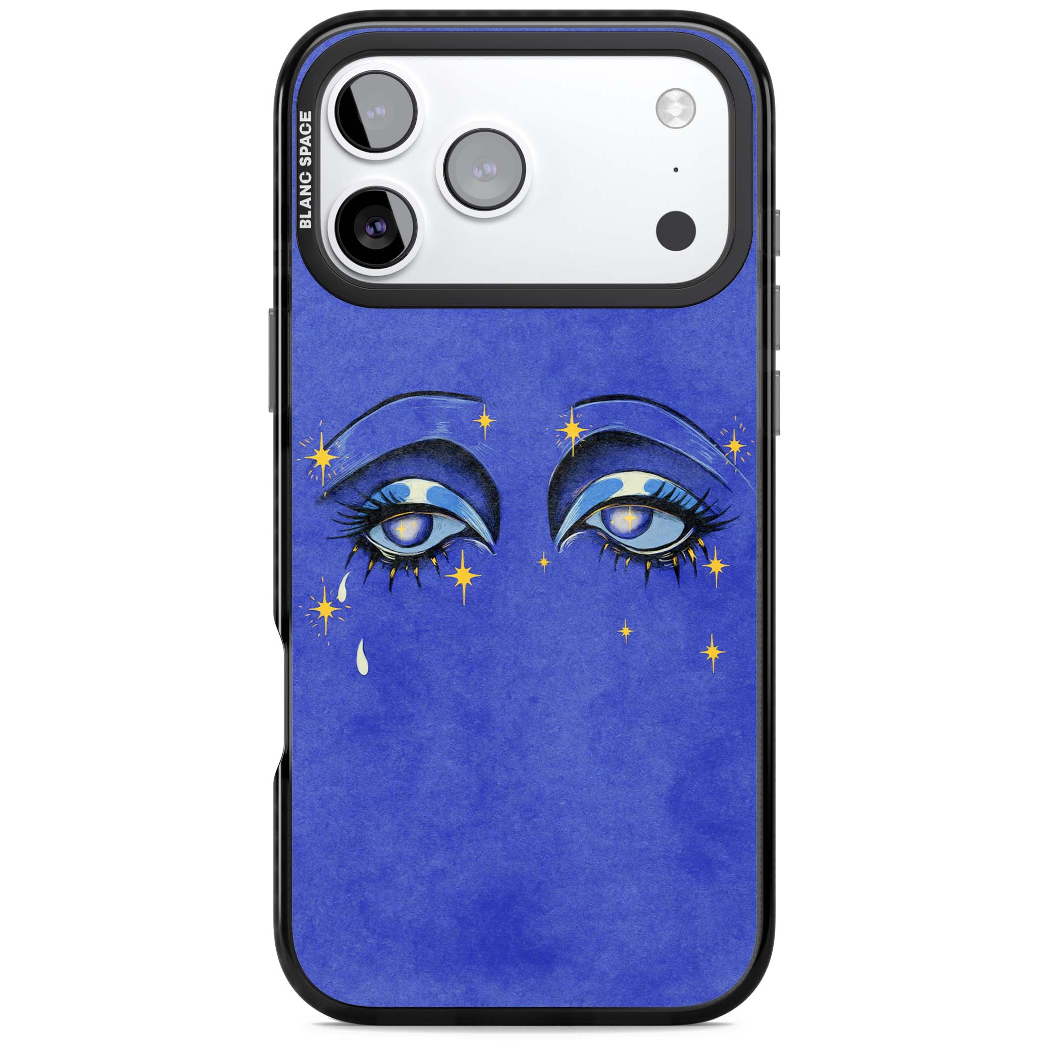 Blue Mystic Eyes celestial iPhone case featuring hand drawn blue mystical eyes, golden stars and a painted tear on indigo | Clear Impact case for iPhone 17 Pro, iPhone 17 Pro Max