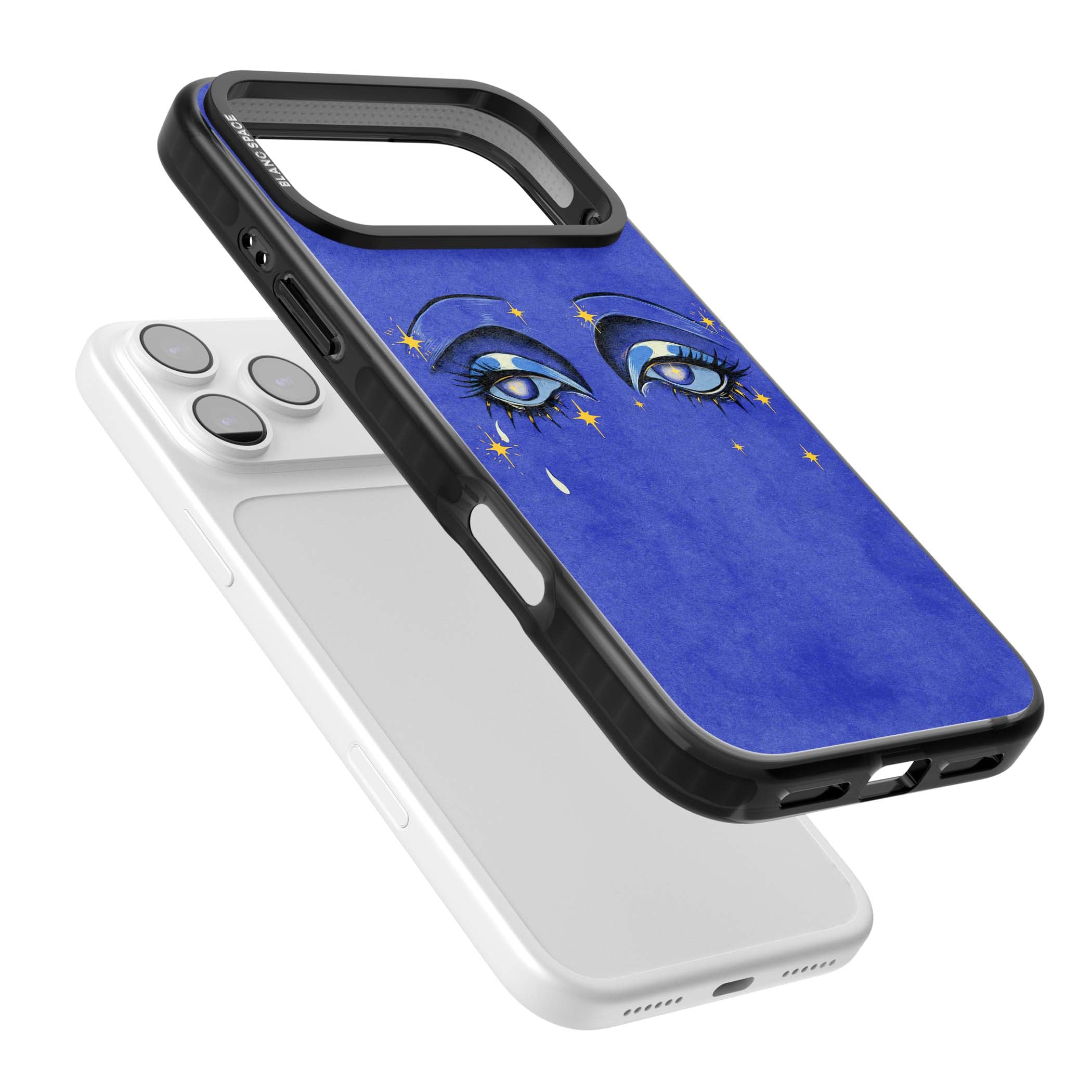 Blue Mystic Eyes celestial iPhone case featuring hand drawn blue mystical eyes, golden stars and a painted tear on indigo | Clear Impact case for iPhone 17 Pro, iPhone 17 Pro Max