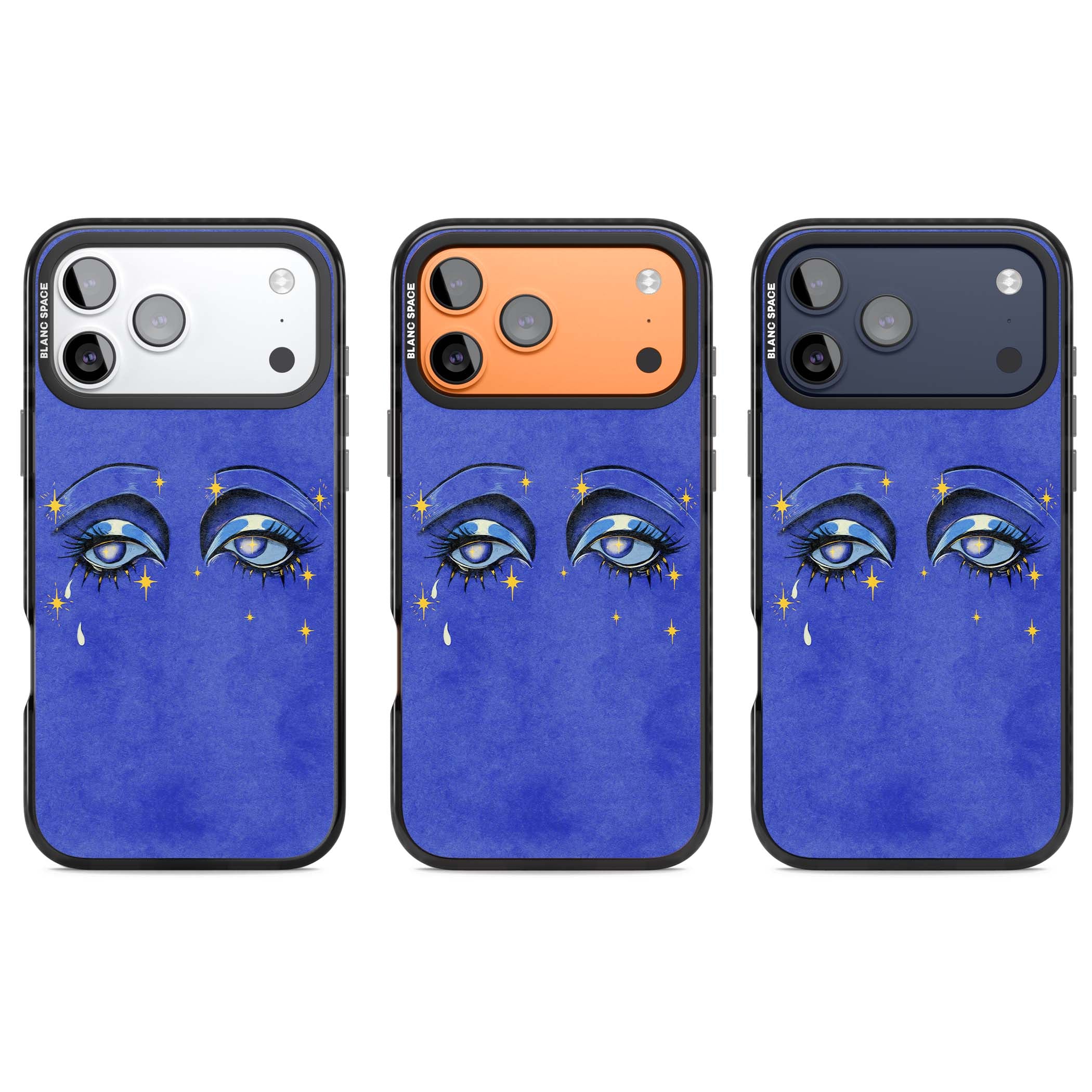 Blue Mystic Eyes celestial iPhone case featuring hand drawn blue mystical eyes, golden stars and a painted tear on indigo | Clear Impact case for iPhone 17 Pro, iPhone 17 Pro Max