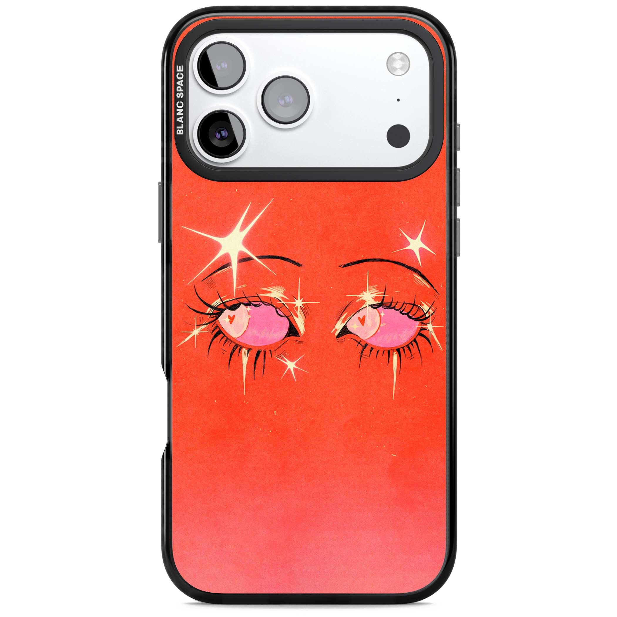 Pink Ethereal Eyes anime iPhone case featuring hand-drawn sparkly eyes with pink hearts and gold stars on red | Clear Impact case for iPhone 17 Pro, iPhone 17 Pro Max