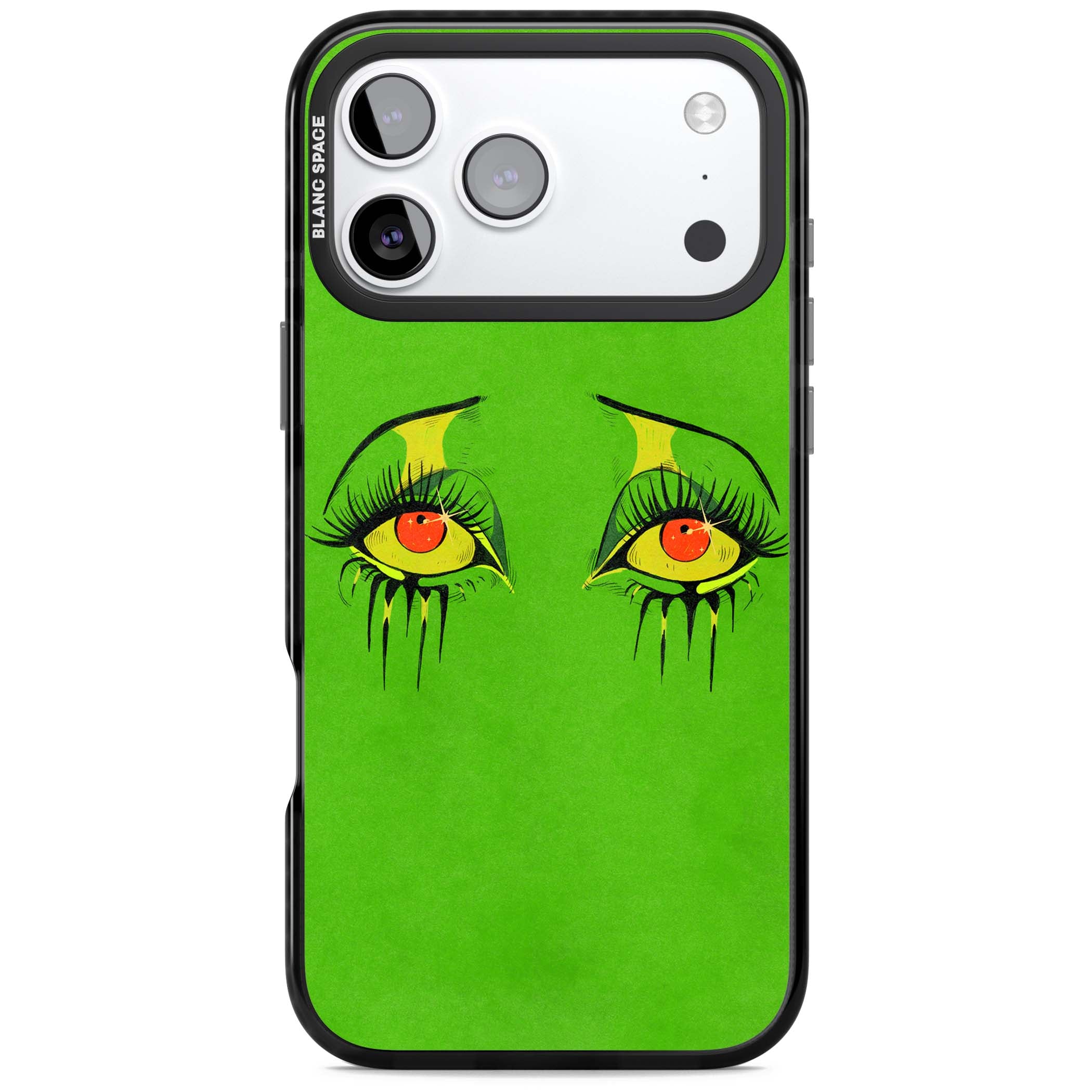 Green Enchanted Eyes psychedelic art iPhone case featuring hand-drawn dripping eyes on neon green background | Clear Impact case for iPhone 17 Pro, iPhone 17 Pro Max