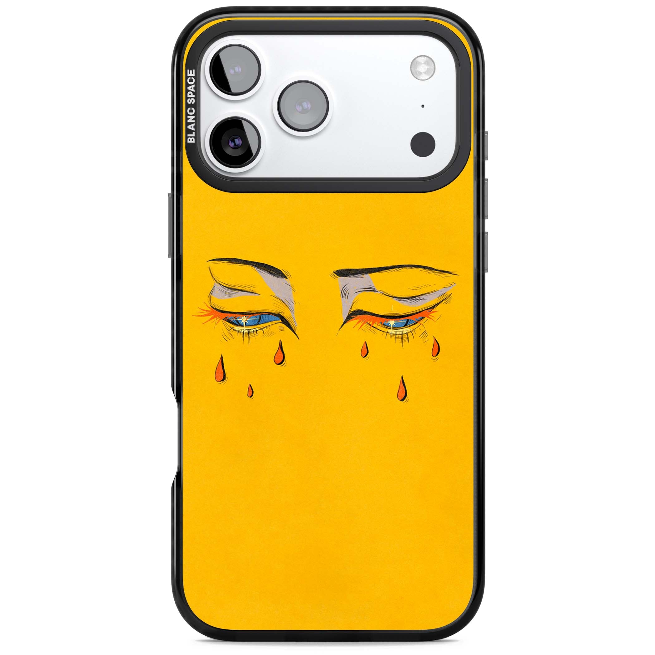 Yellow Tearful Eyes indie iPhone case featuring hand-drawn crying eyes with orange tears on a yellow background | Clear Impact case for iPhone 17 Pro, iPhone 17 Pro Max