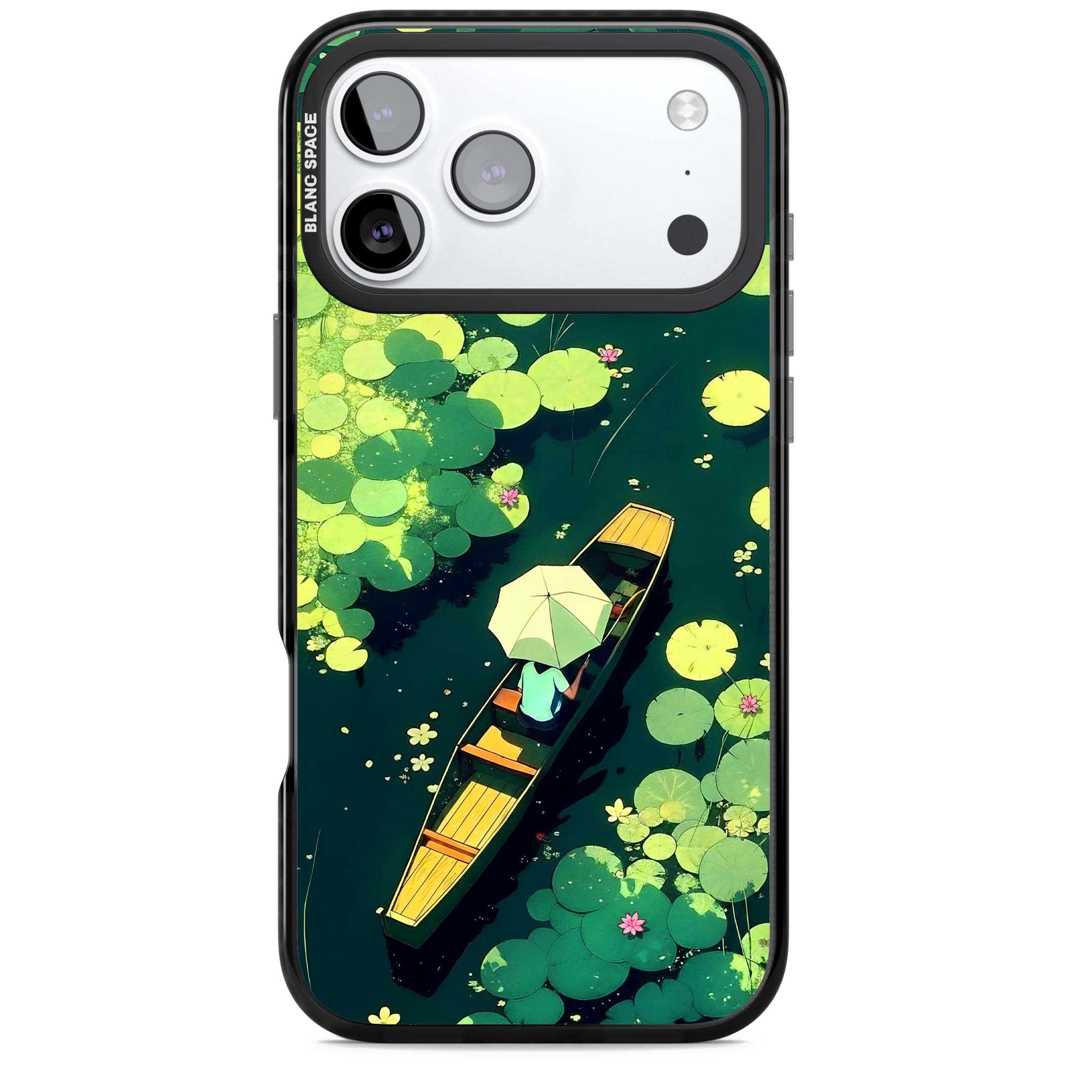 Jade Waters cottagecore iPhone case featuring a painted lily pond, wooden boat with parasol and floating water lilies | Clear Impact case for iPhone 17 Pro, iPhone 17 Pro Max