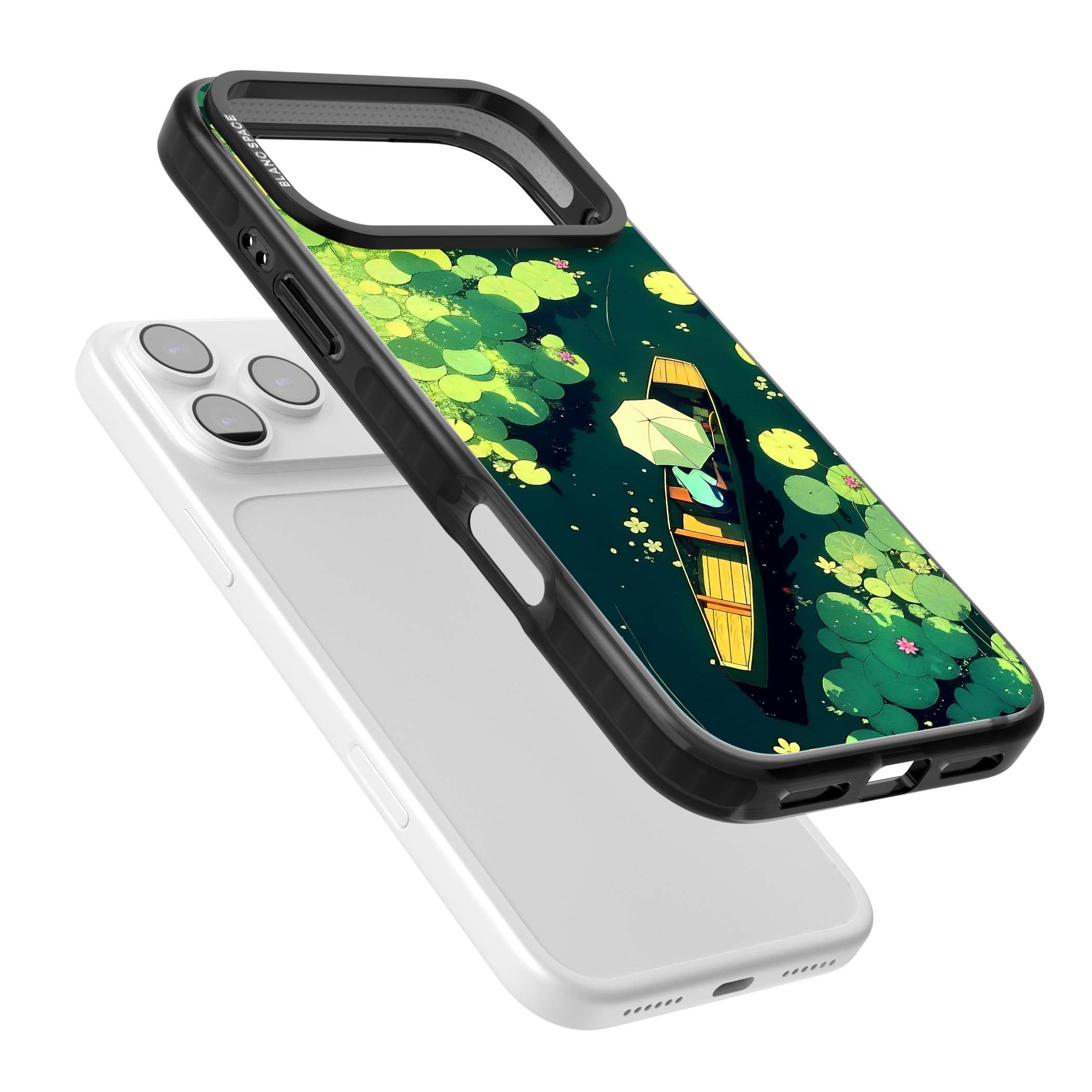Jade Waters cottagecore iPhone case featuring a painted lily pond, wooden boat with parasol and floating water lilies | Clear Impact case for iPhone 17 Pro, iPhone 17 Pro Max
