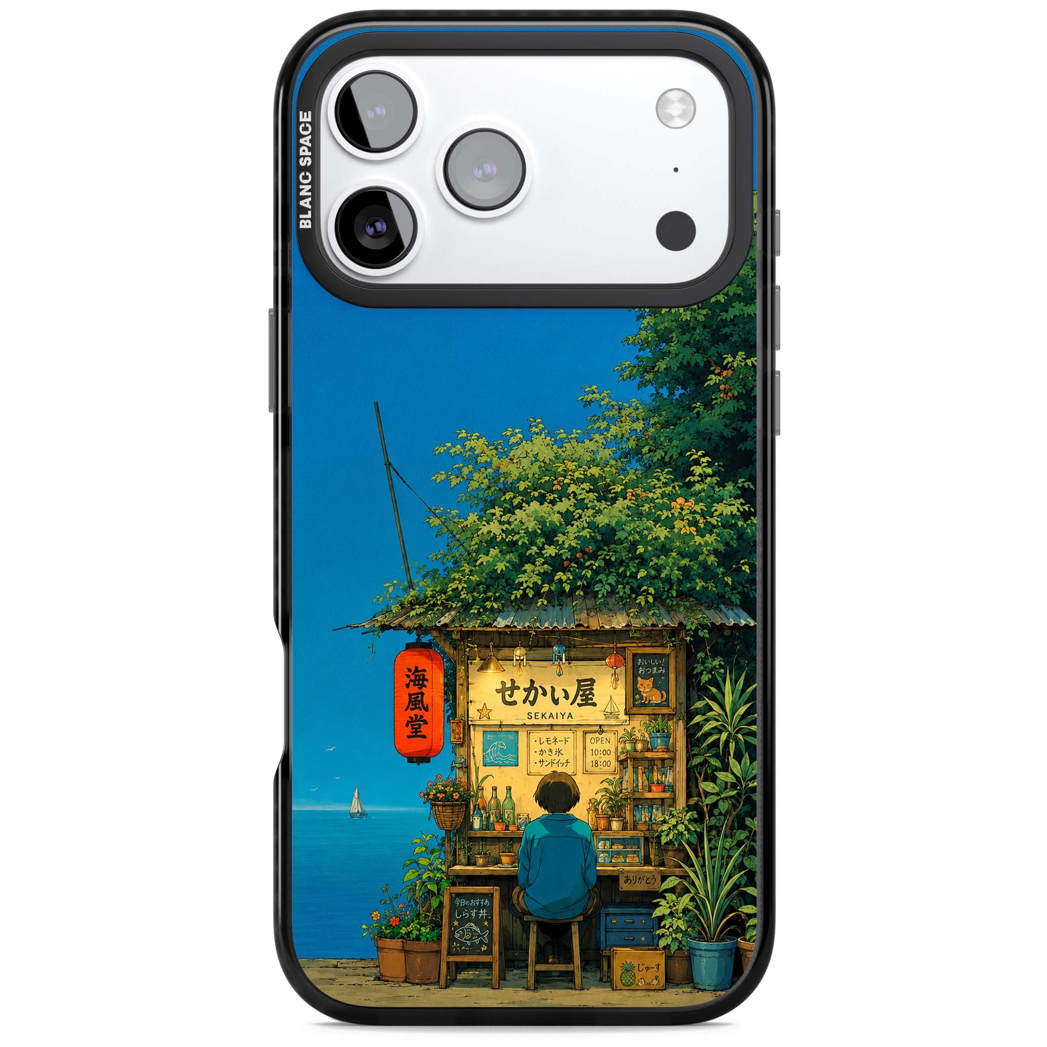 The Shirahama Kiosk anime iPhone case featuring a Japanese seaside shop, red paper lantern and ocean view | Clear Impact case for iPhone 17 Pro, iPhone 17 Pro Max