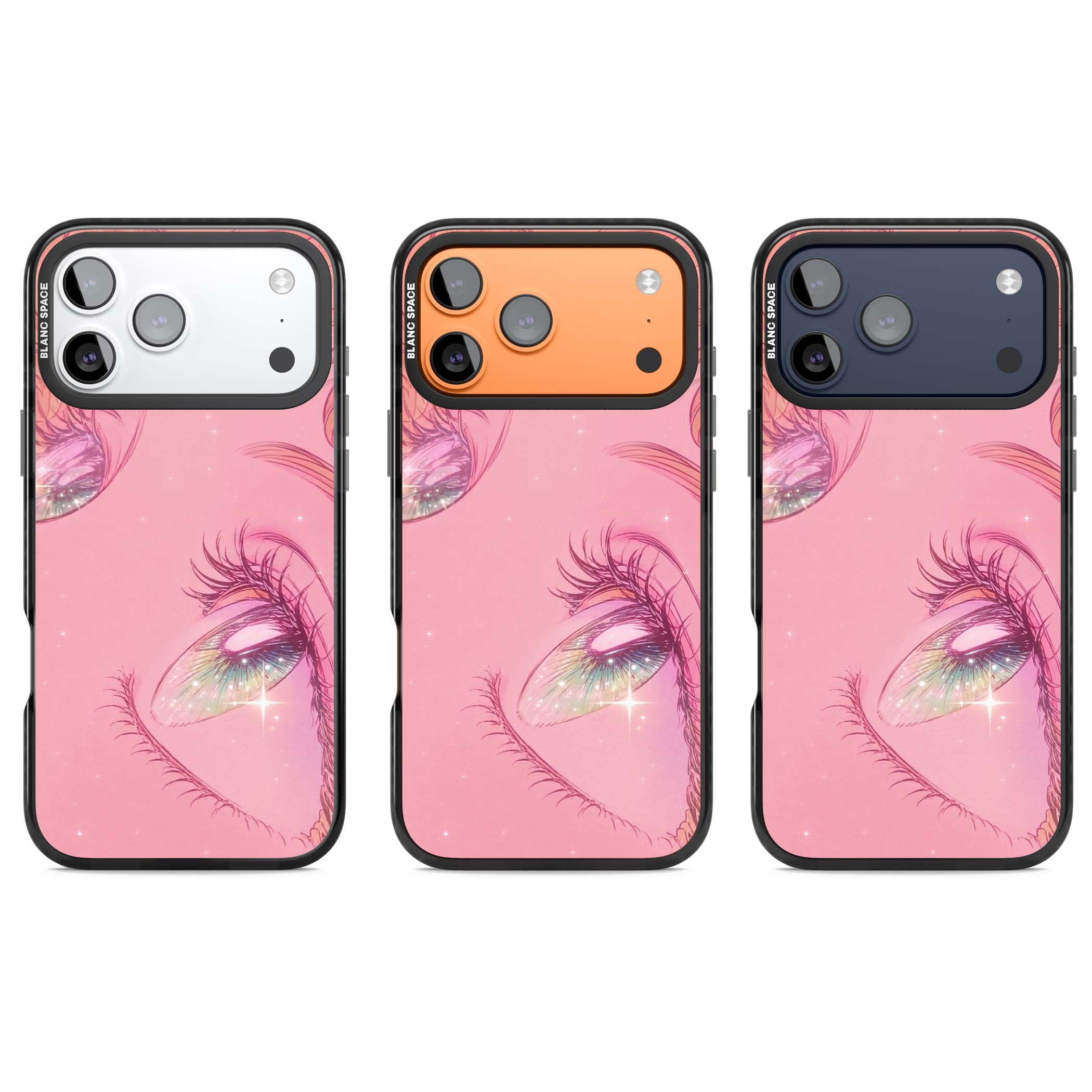 Pink Ethereal Gaze anime iPhone case featuring sparkling manga eyes, coral lashes and dreamy peach sky | Clear Impact case for iPhone 17 Pro, iPhone 17 Pro Max