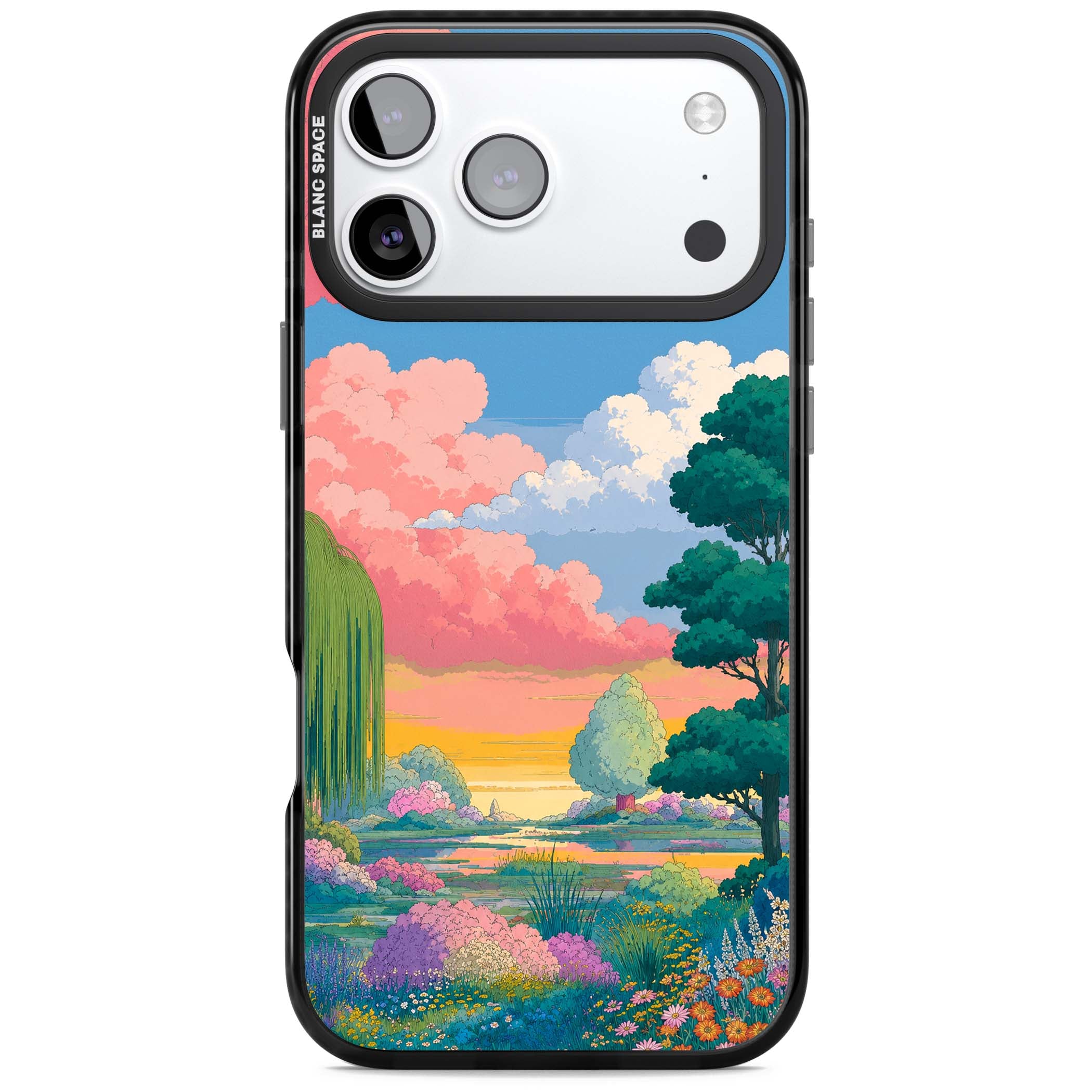 Dream Valley anime landscape iPhone case featuring pink sunset clouds, willow trees and wildflowers | Clear Impact case for iPhone 17 Pro, iPhone 17 Pro Max
