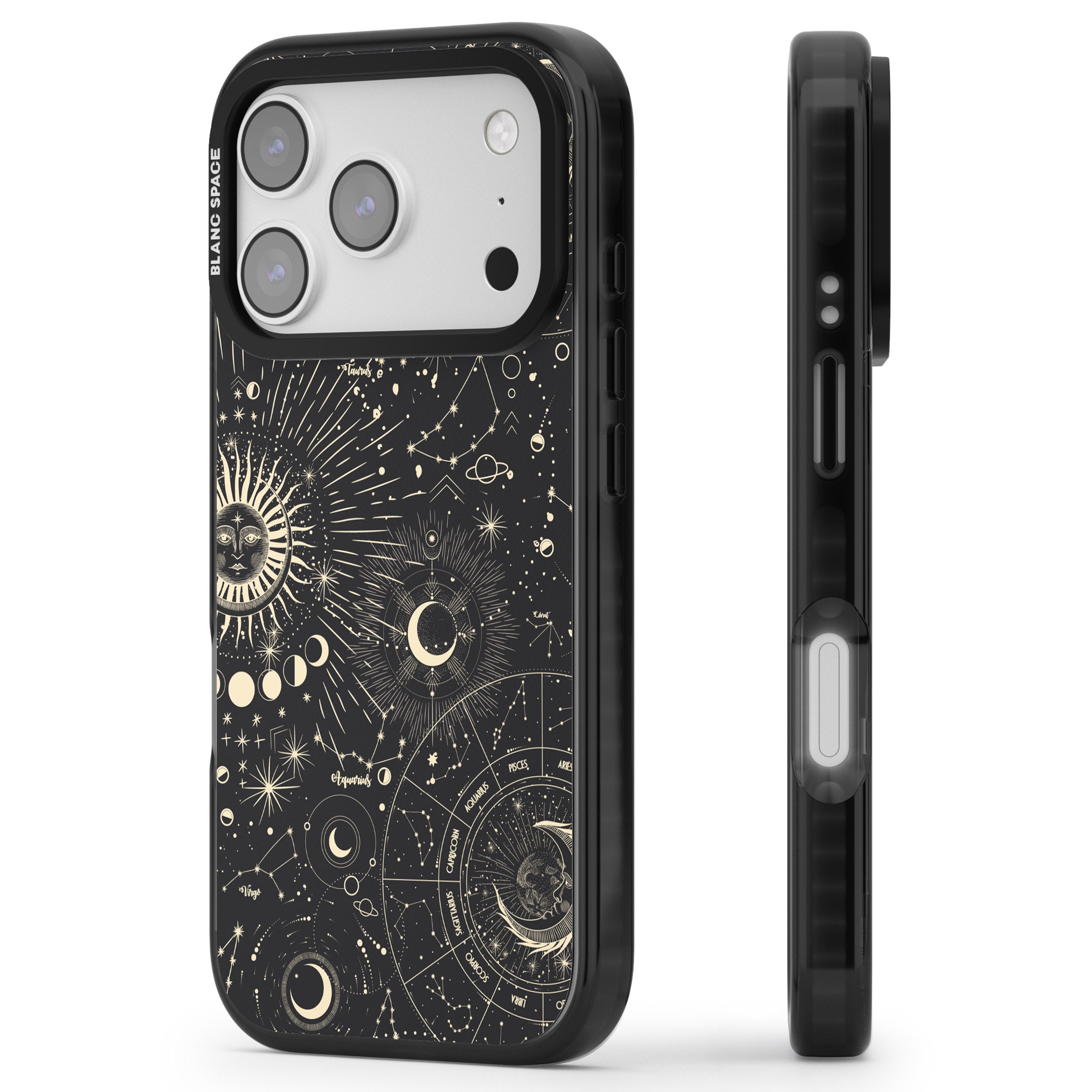 Suns & Zodiac Celestial Chart iPhone 17 Pro Impact Black Phone Case Side Profile