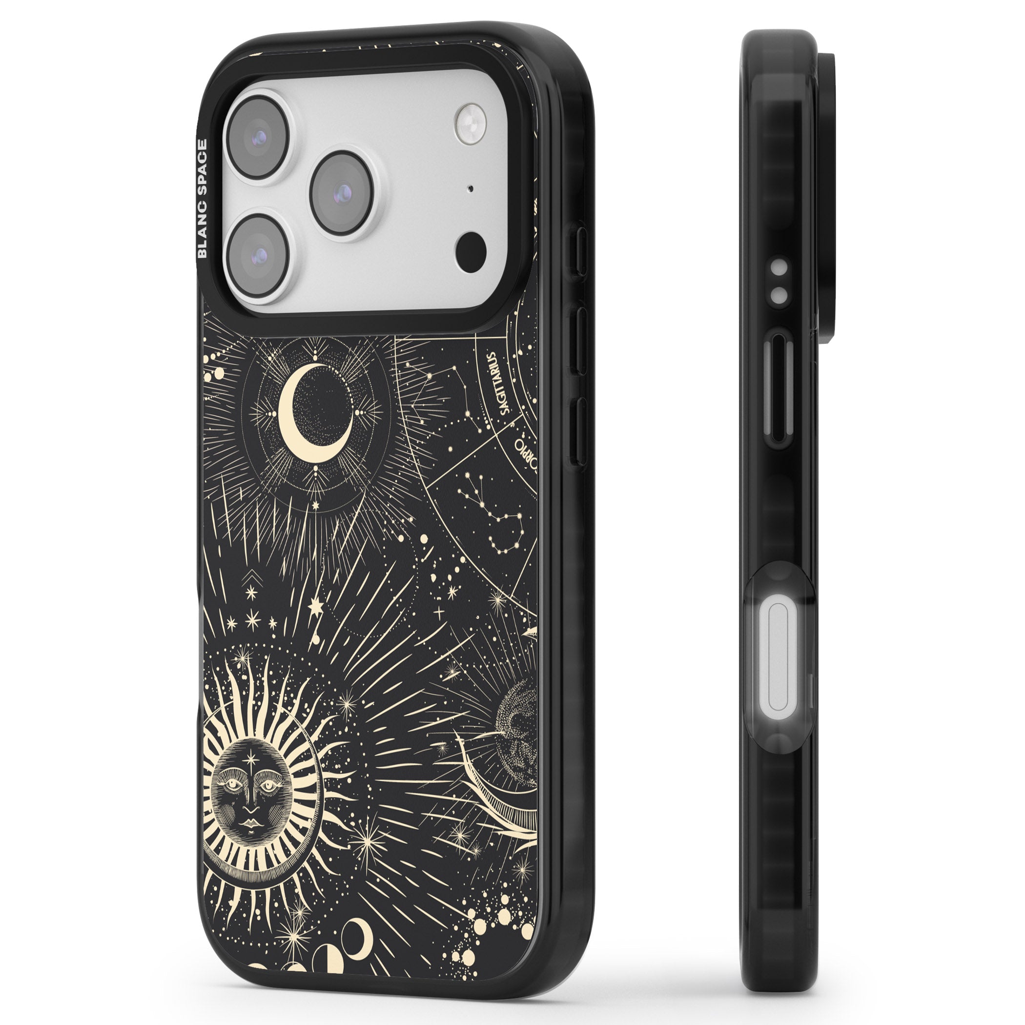 Cosmic Sun & Symbols Zodiac iPhone 17 Pro Impact Black Phone Case Side Profile