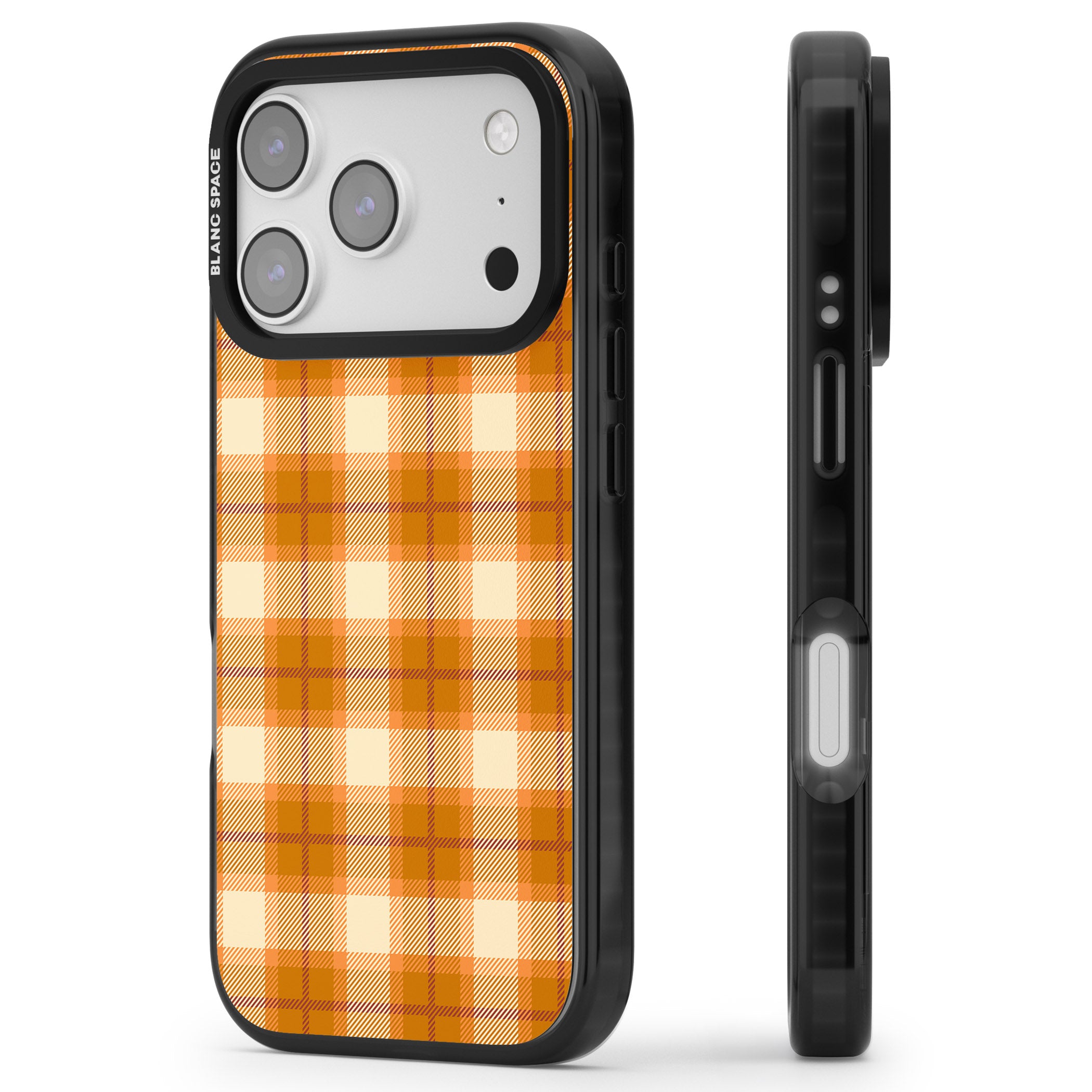 Pumpkin Plaid iPhone 17 Pro Max Impact Black Phone Case Side Profile