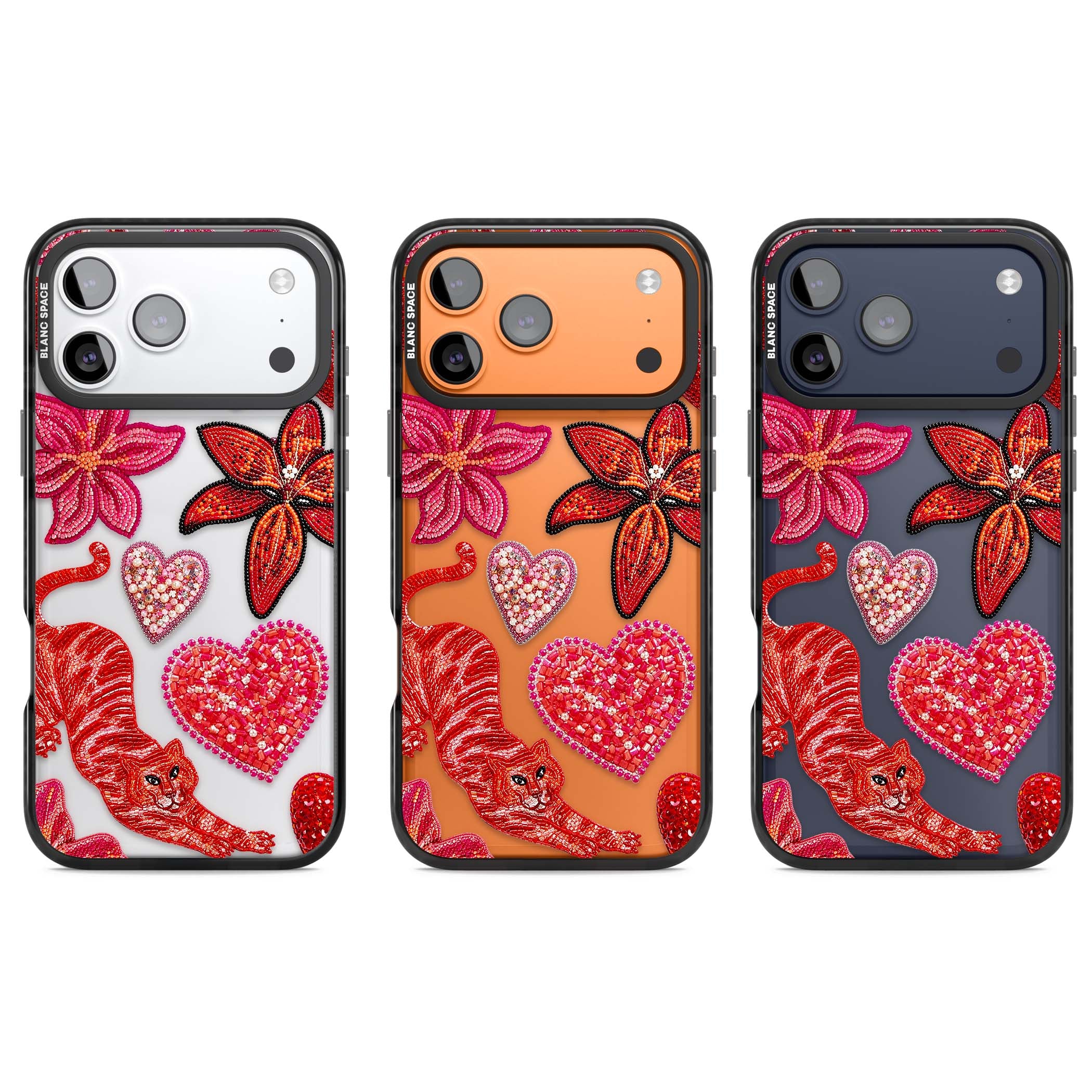 Beaded Boho floral iPhone case featuring beaded red lilies, a stitched tiger, and pearl-encrusted hearts on clear | Clear Impact case for iPhone 17 Pro, iPhone 17 Pro Max
